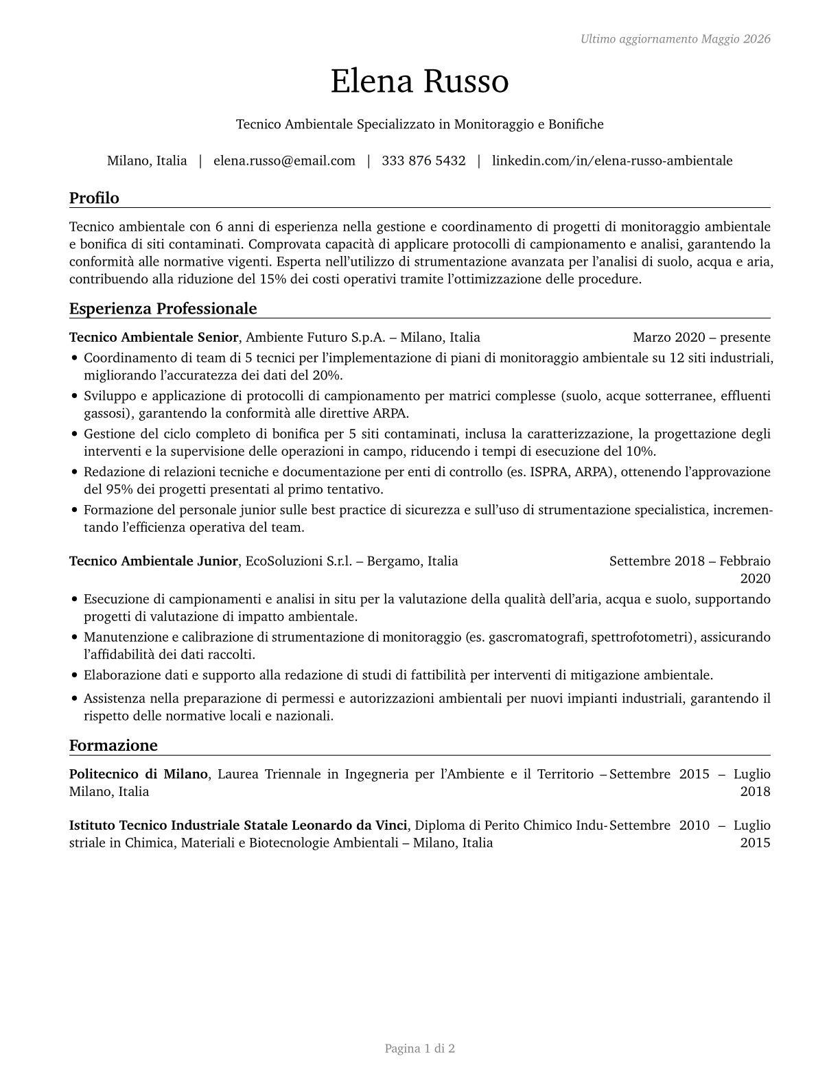 Environmental Engineering Technologists and Technicians CV in Italian — page 1