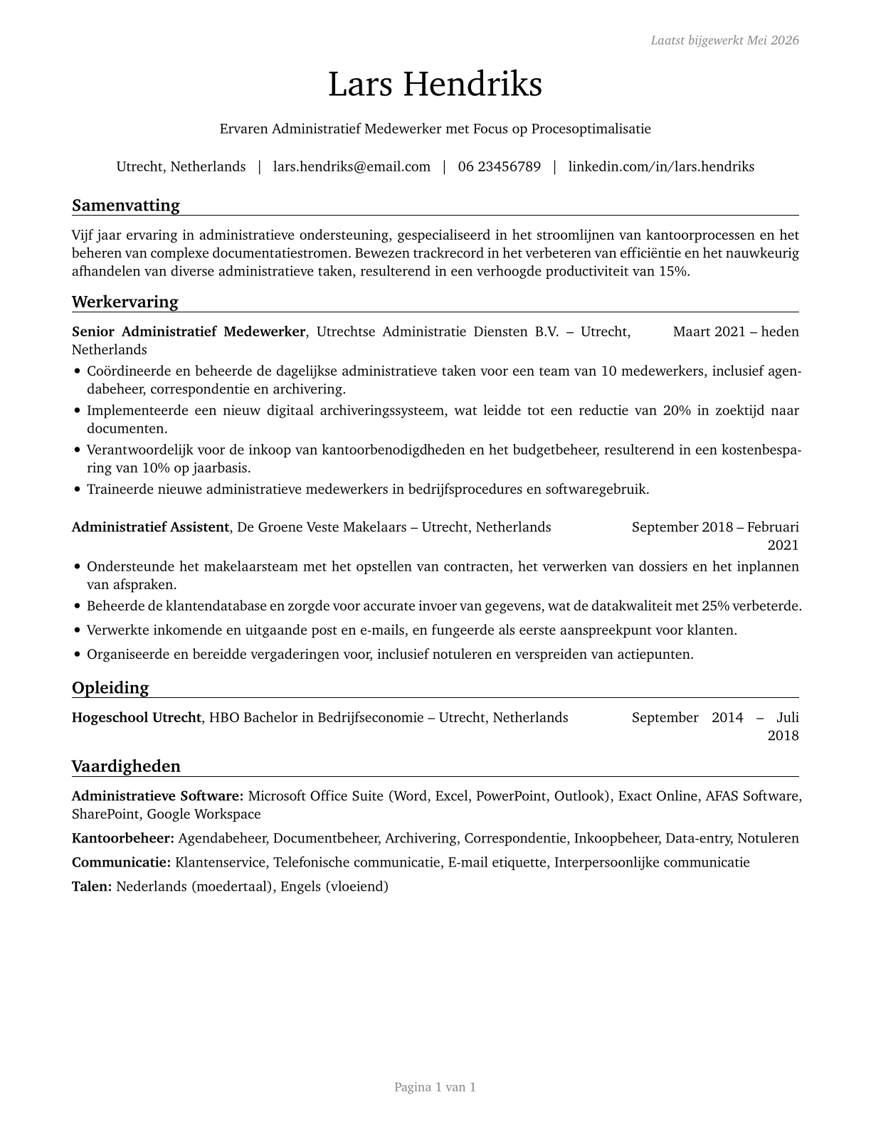 Office and Administrative Support Workers, All Other CV in Dutch — page 1