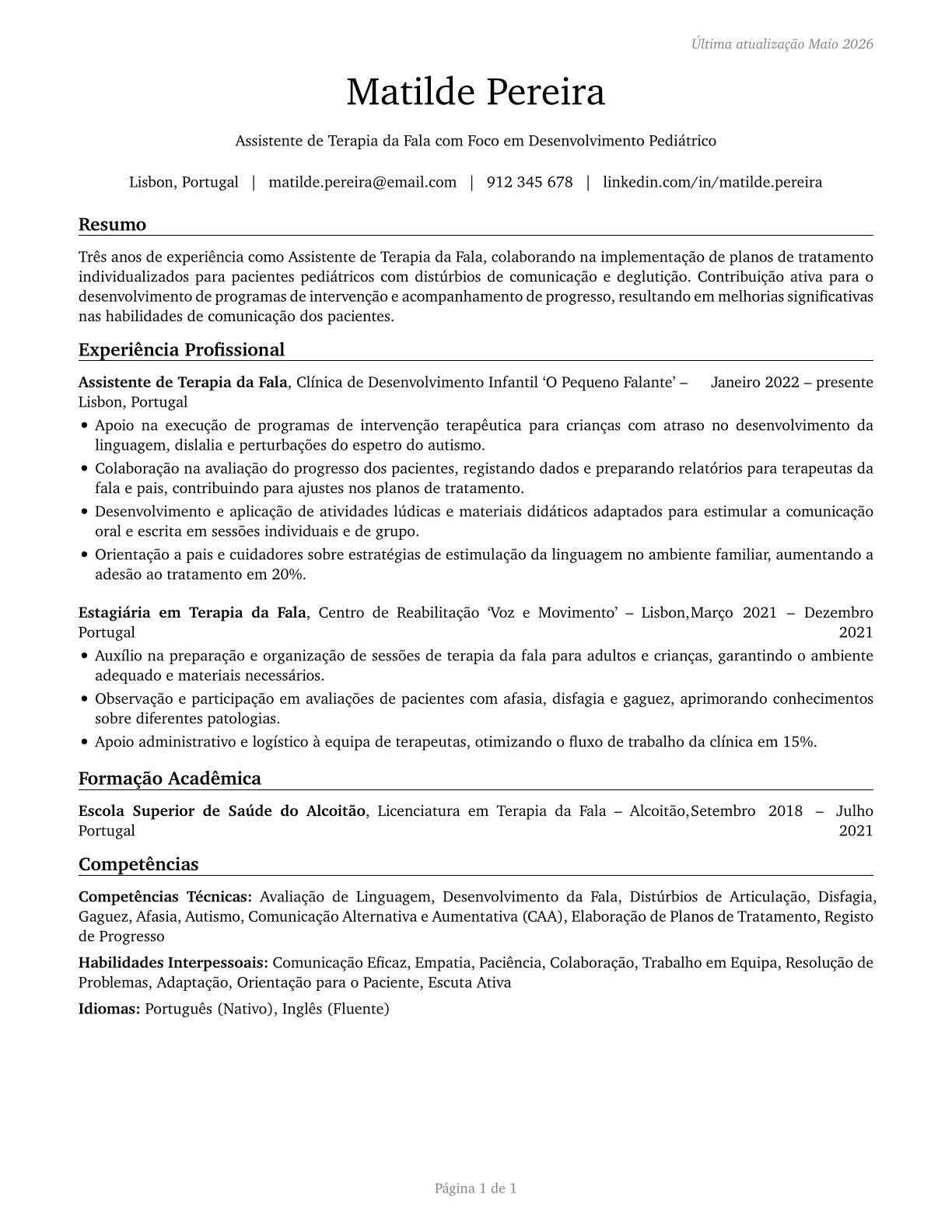 Speech-Language Pathology Assistants CV in Portuguese — page 1