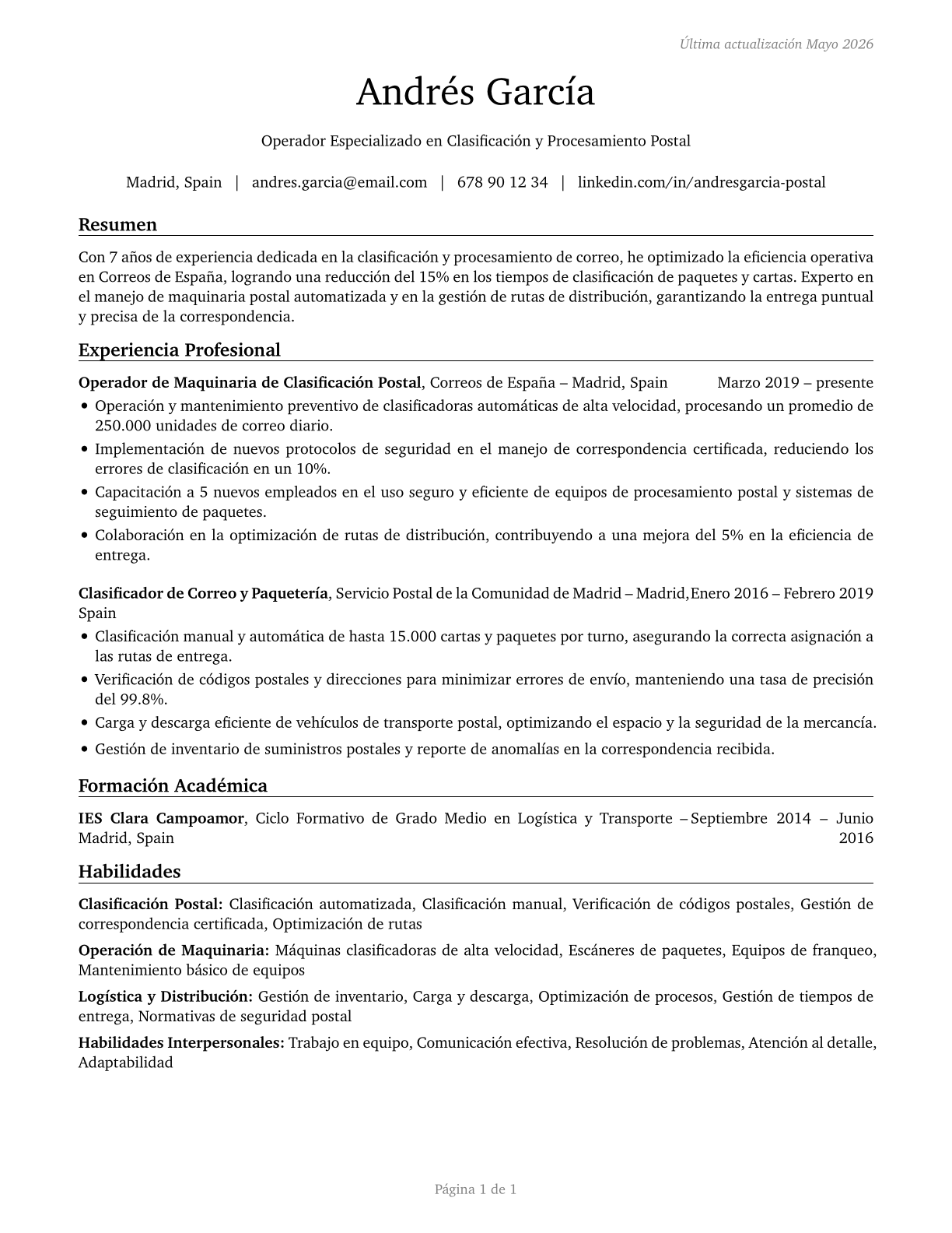 Postal Service Mail Sorters, Processors, and Processing Machine Operators CV in Spanish — page 1