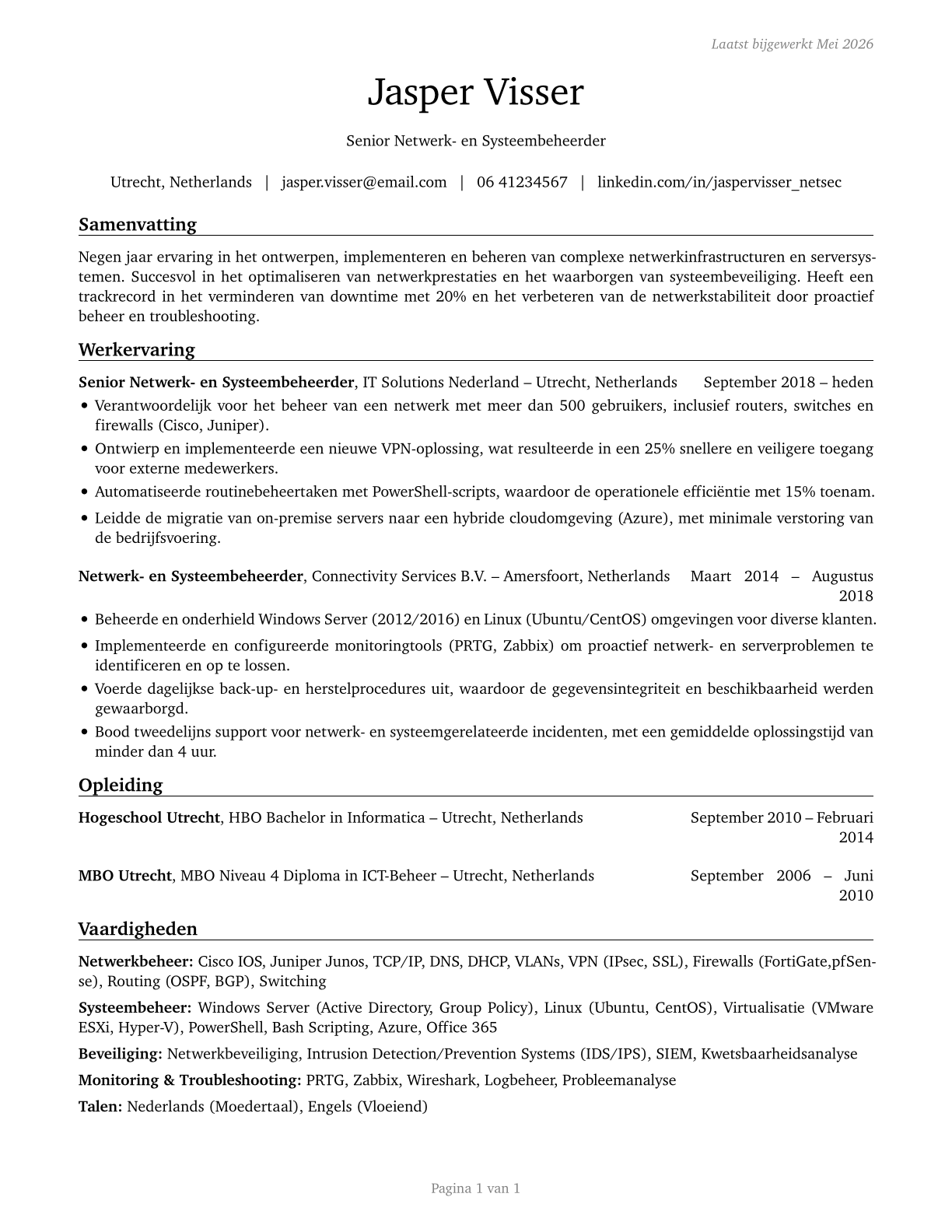 Network and Computer Systems Administrators CV in Dutch — page 1