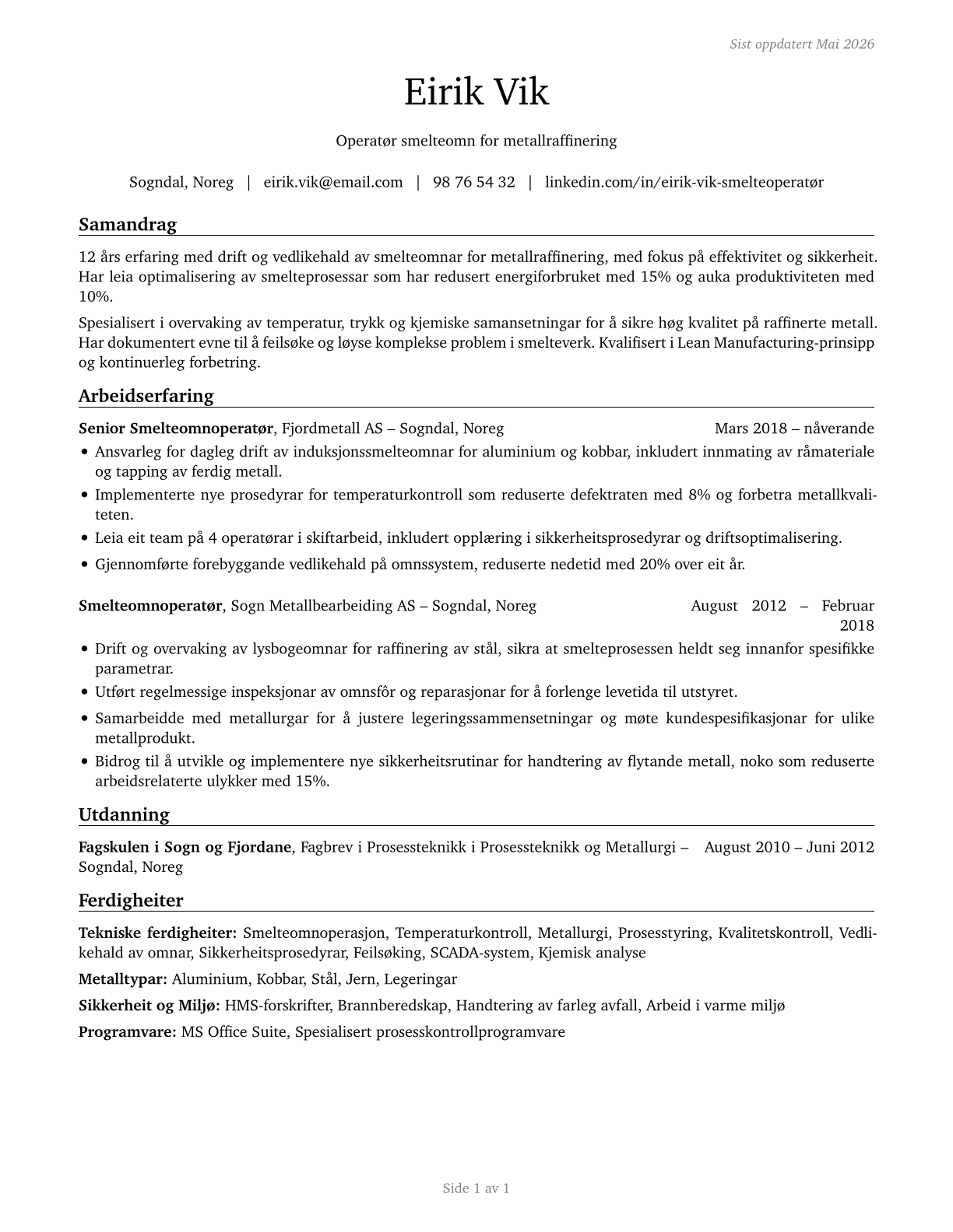 Metal-Refining Furnace Operators and Tenders CV in Norwegian_nynorsk — page 1