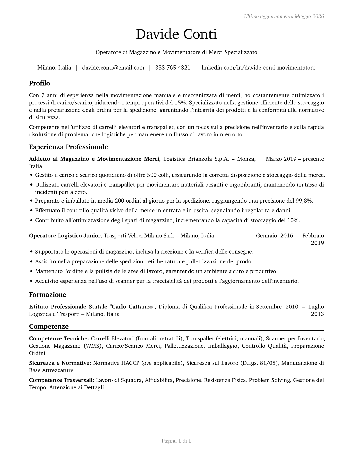 Laborers and Freight, Stock, and Material Movers, Hand CV in Italian — page 1