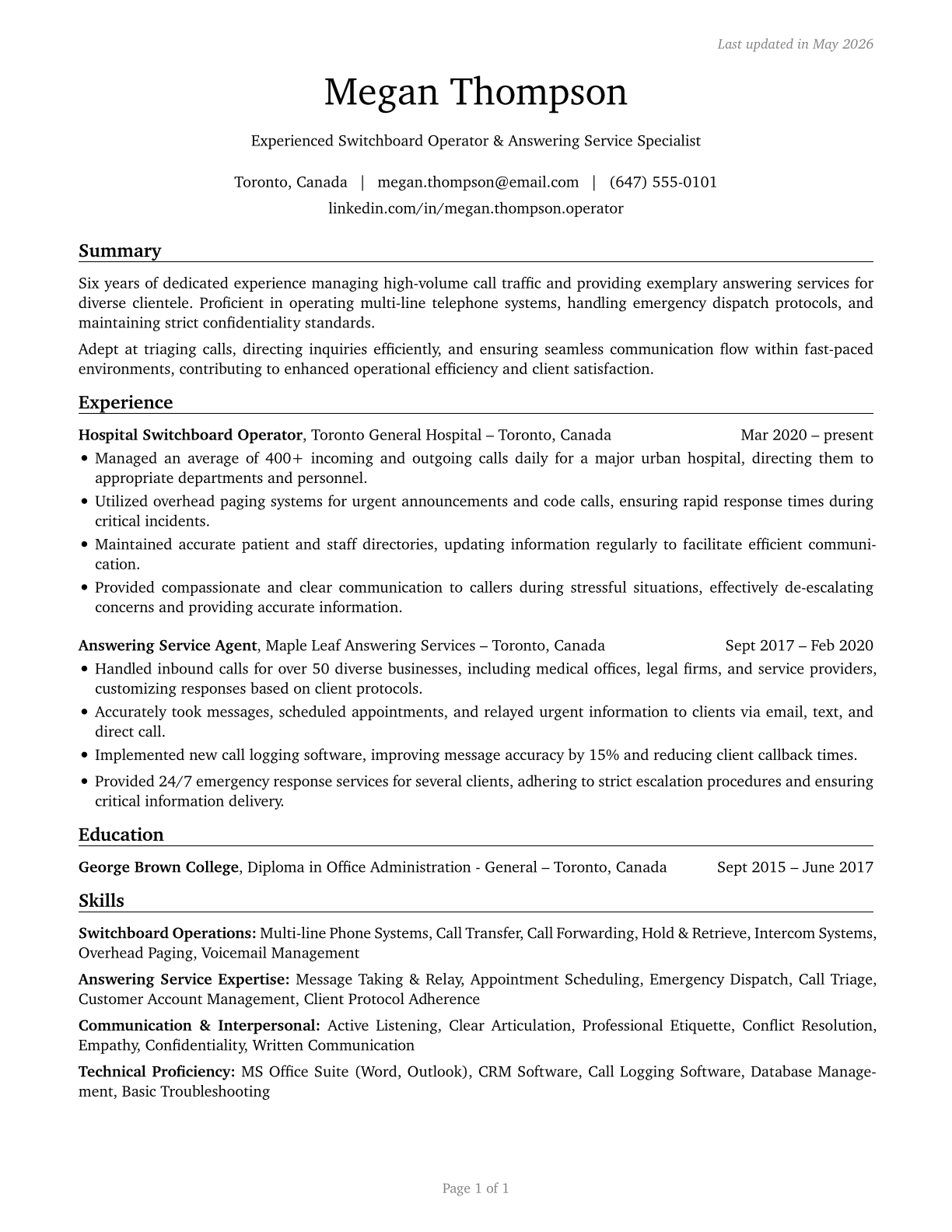 Switchboard Operators, Including Answering Service CV in English — page 1