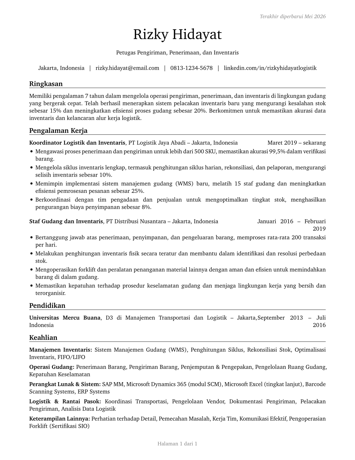 Shipping, Receiving, and Inventory Clerks CV in Indonesian — page 1