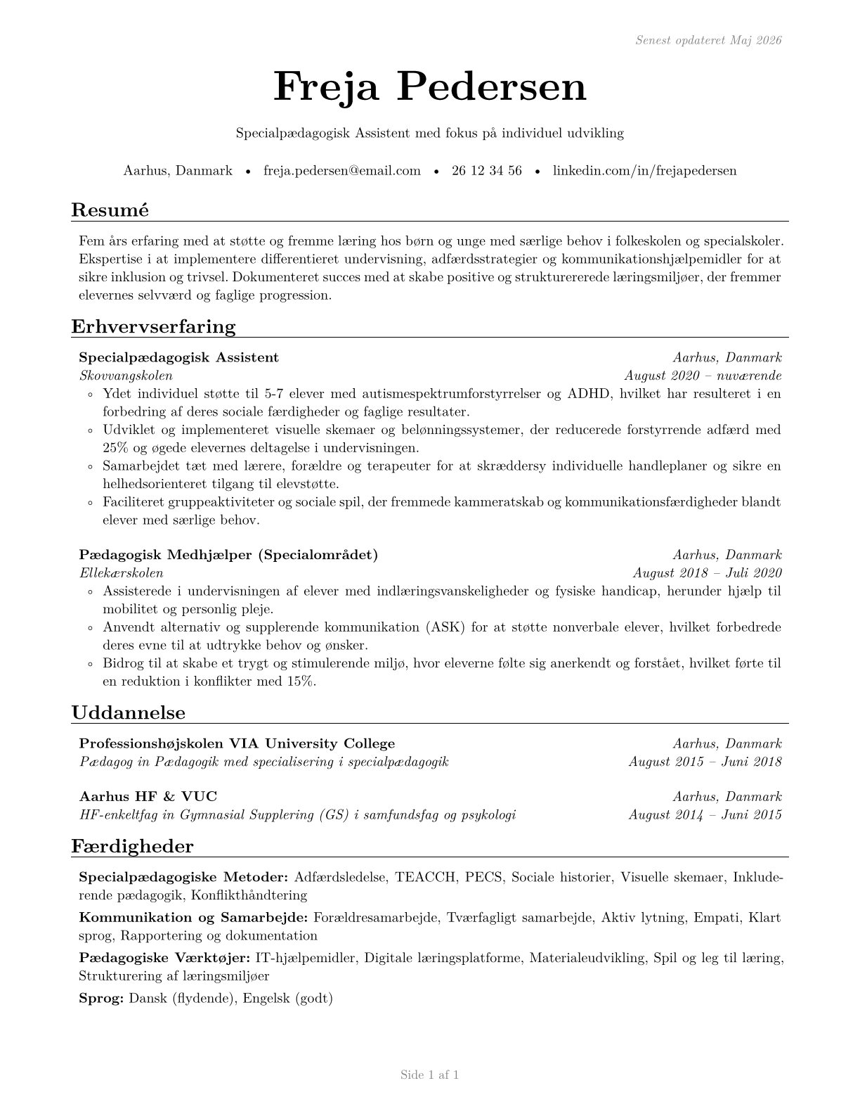 Teaching Assistants, Special Education CV in Danish — page 1