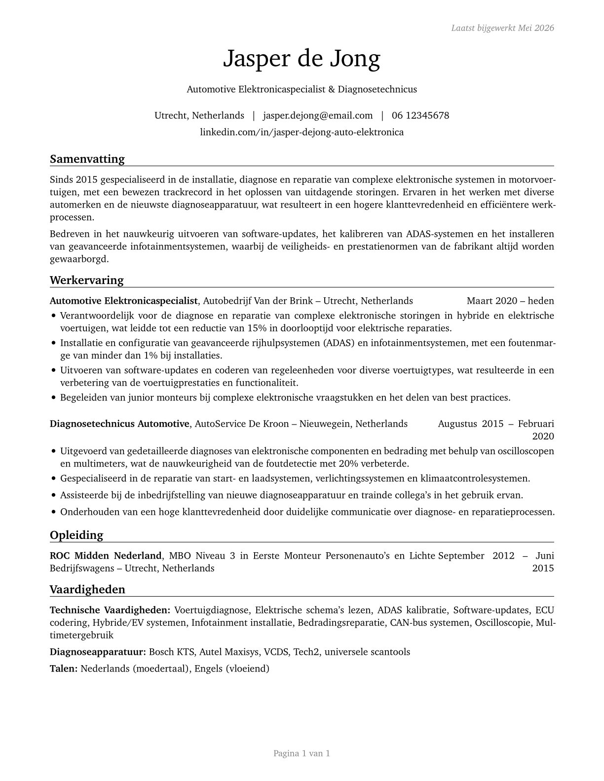 Electronic Equipment Installers and Repairers, Motor Vehicles CV in Dutch — page 1