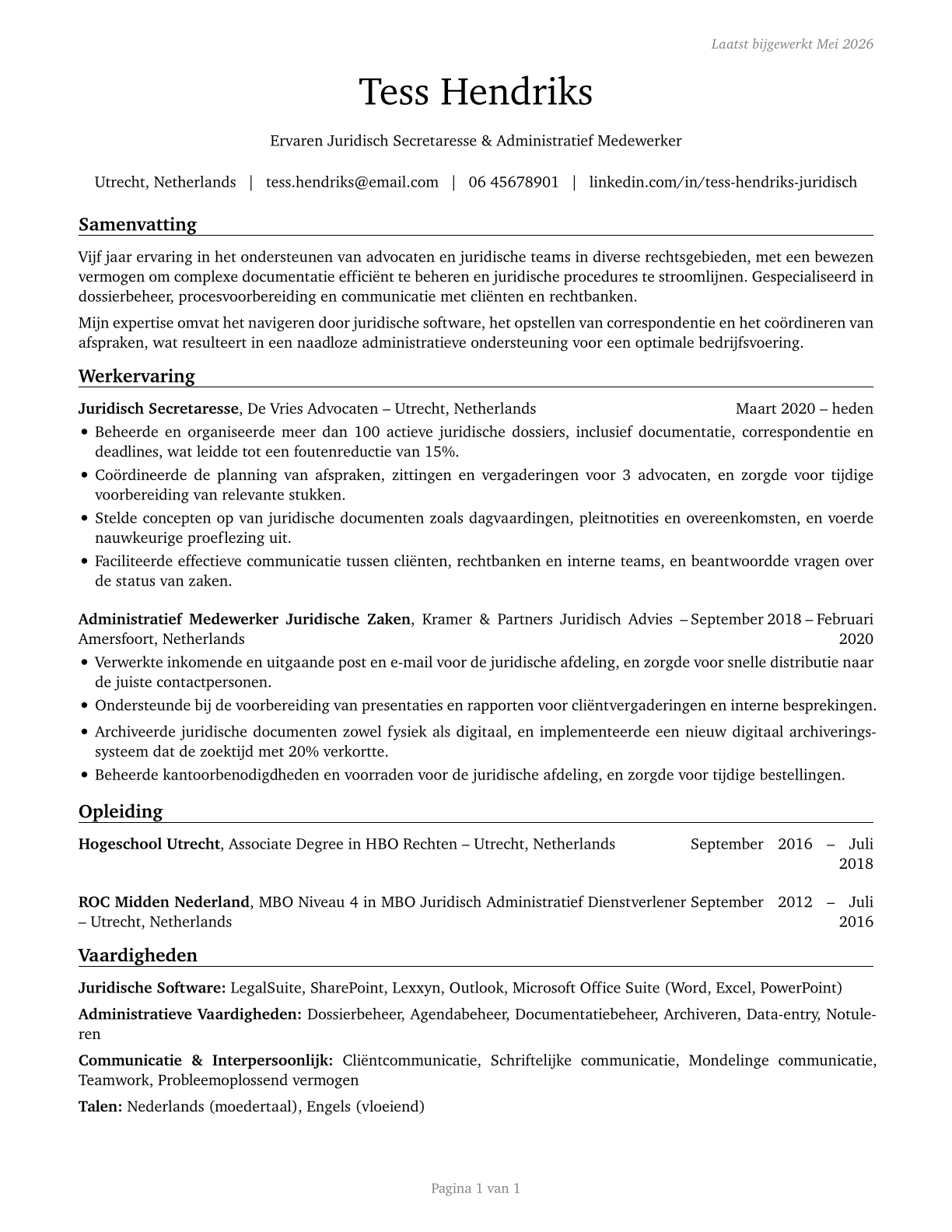 Legal Secretaries and Administrative Assistants CV in Dutch — page 1