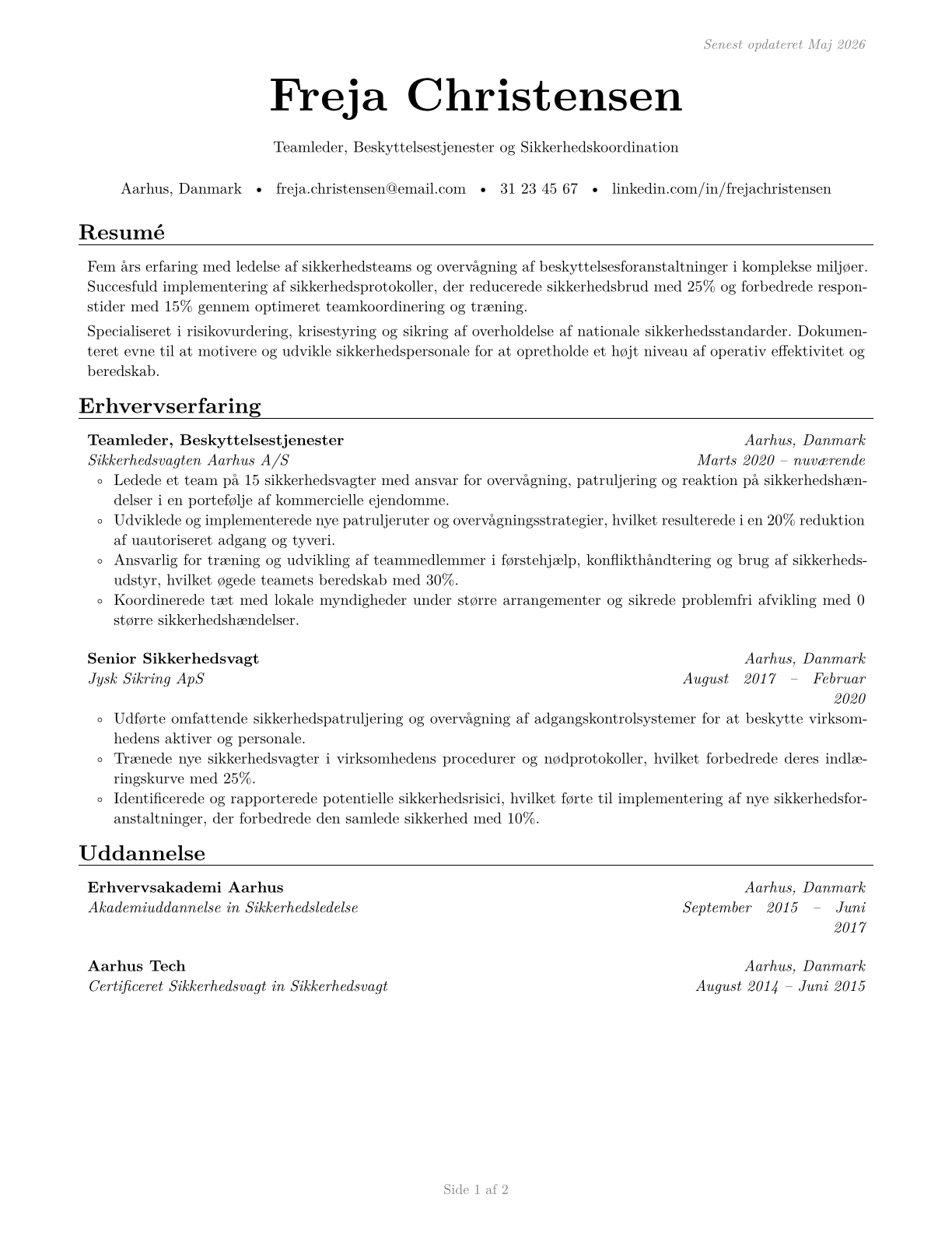 First-Line Supervisors of Protective Service Workers, All Other CV in Danish — page 1