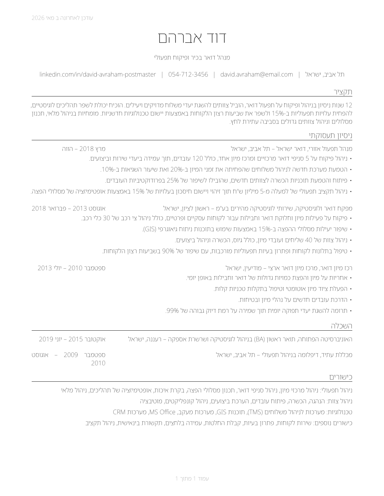 Postmasters and Mail Superintendents CV in Hebrew — page 1
