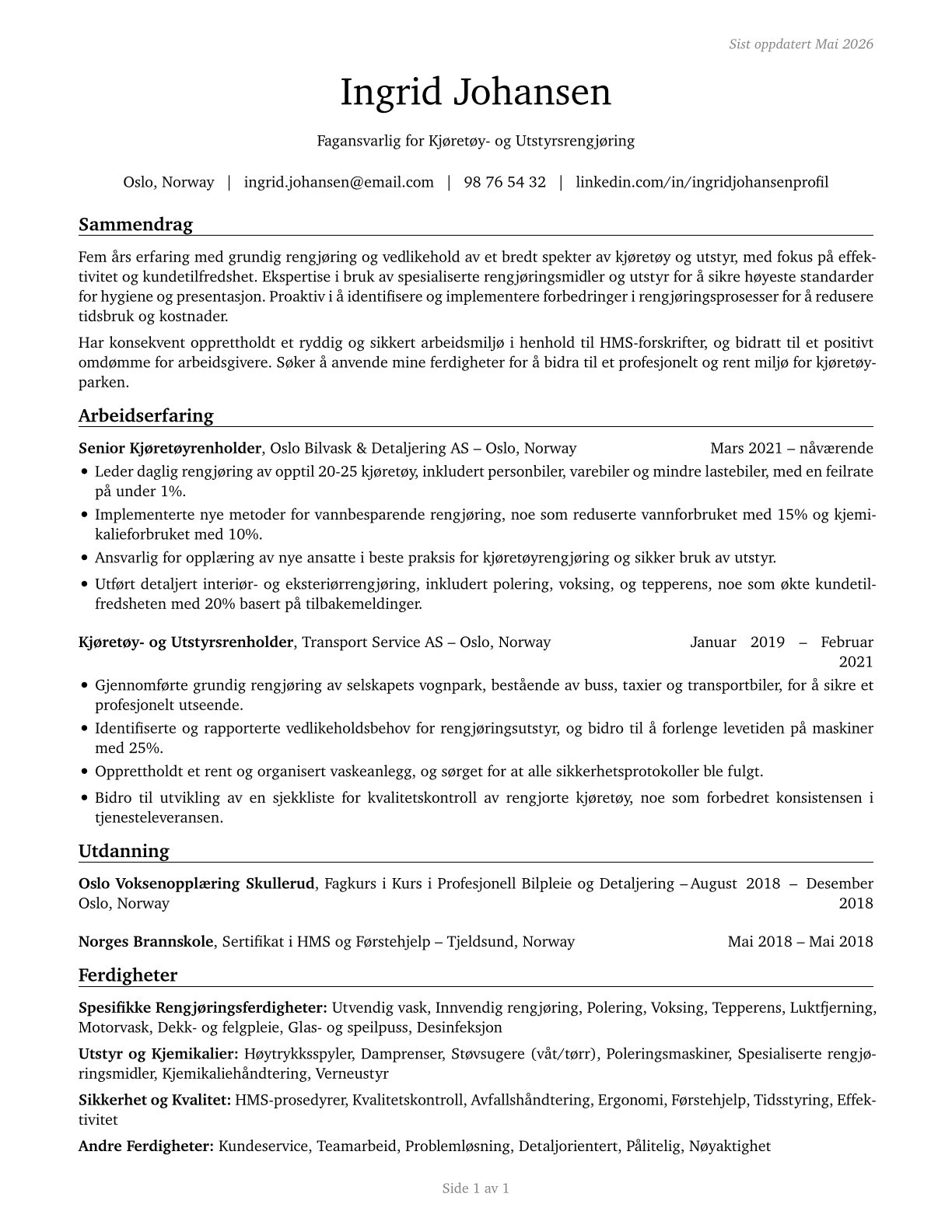 Cleaners of Vehicles and Equipment CV in Norwegian_bokmal — page 1