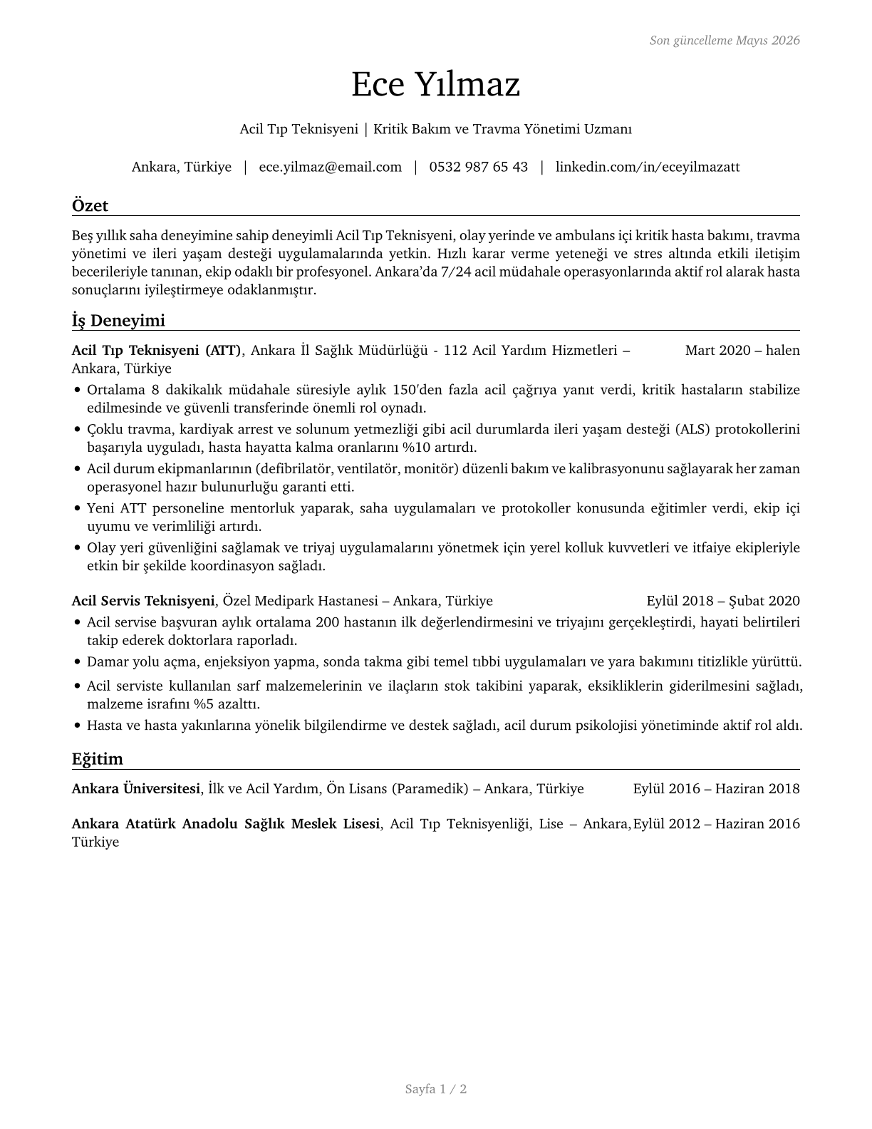 Emergency Medical Technicians CV in Turkish — page 1