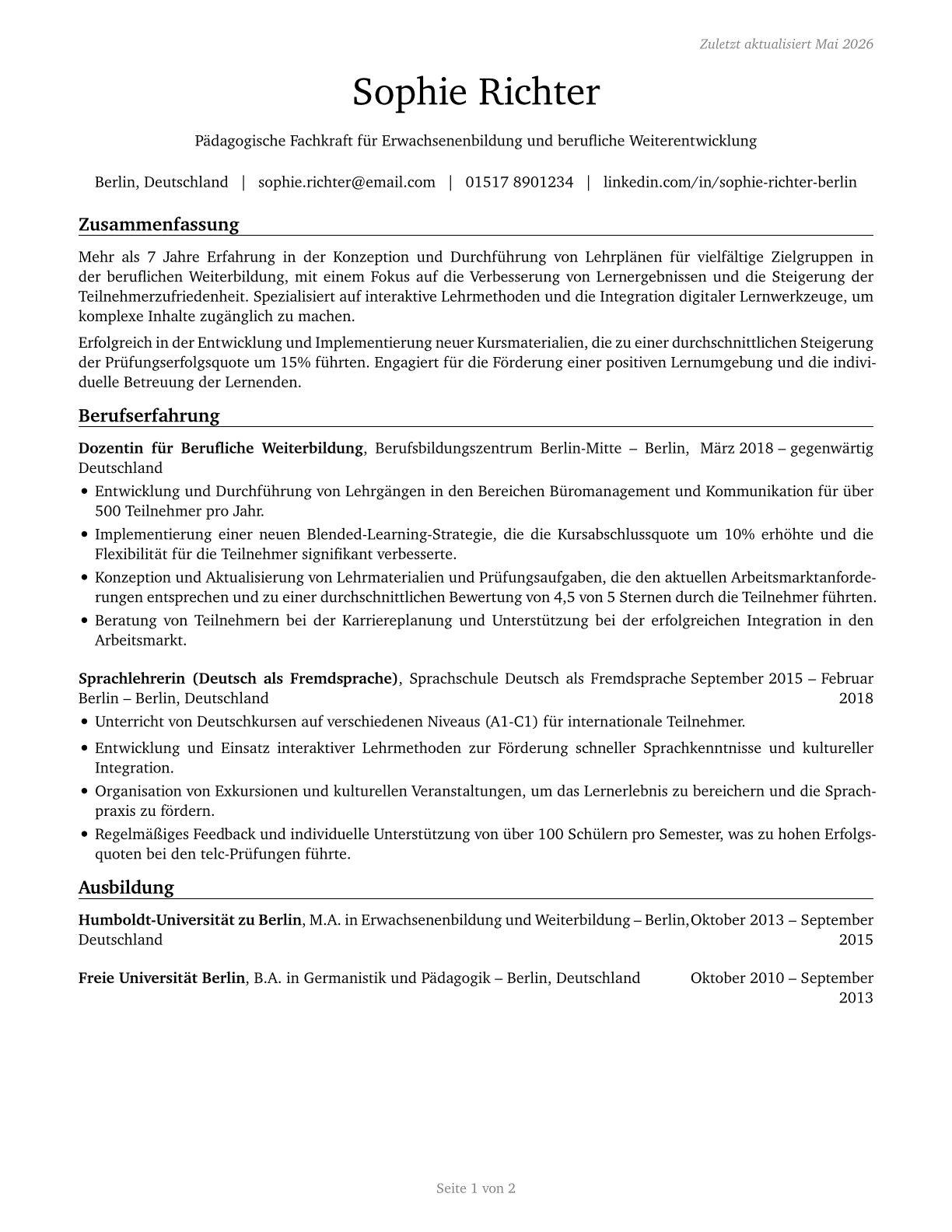 Teachers and Instructors, All Other CV in German — page 1