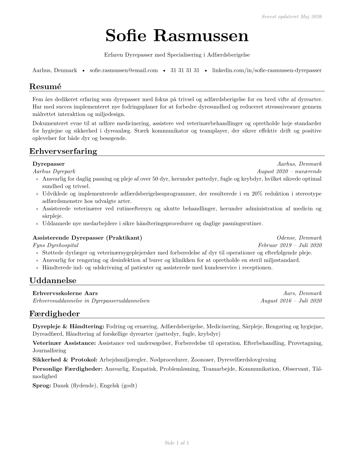 Animal Caretakers CV in Danish — page 1