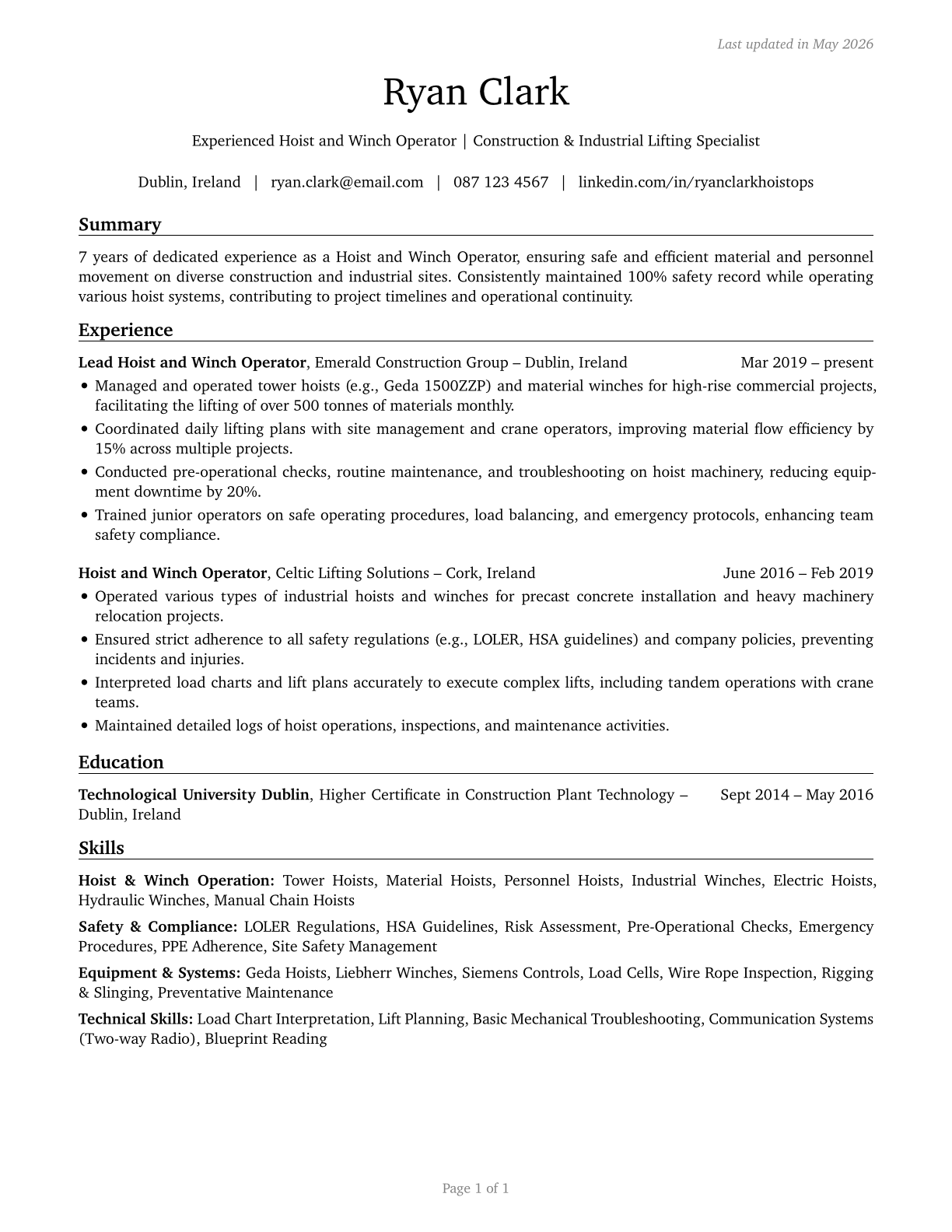 Hoist and Winch Operators CV in English — page 1