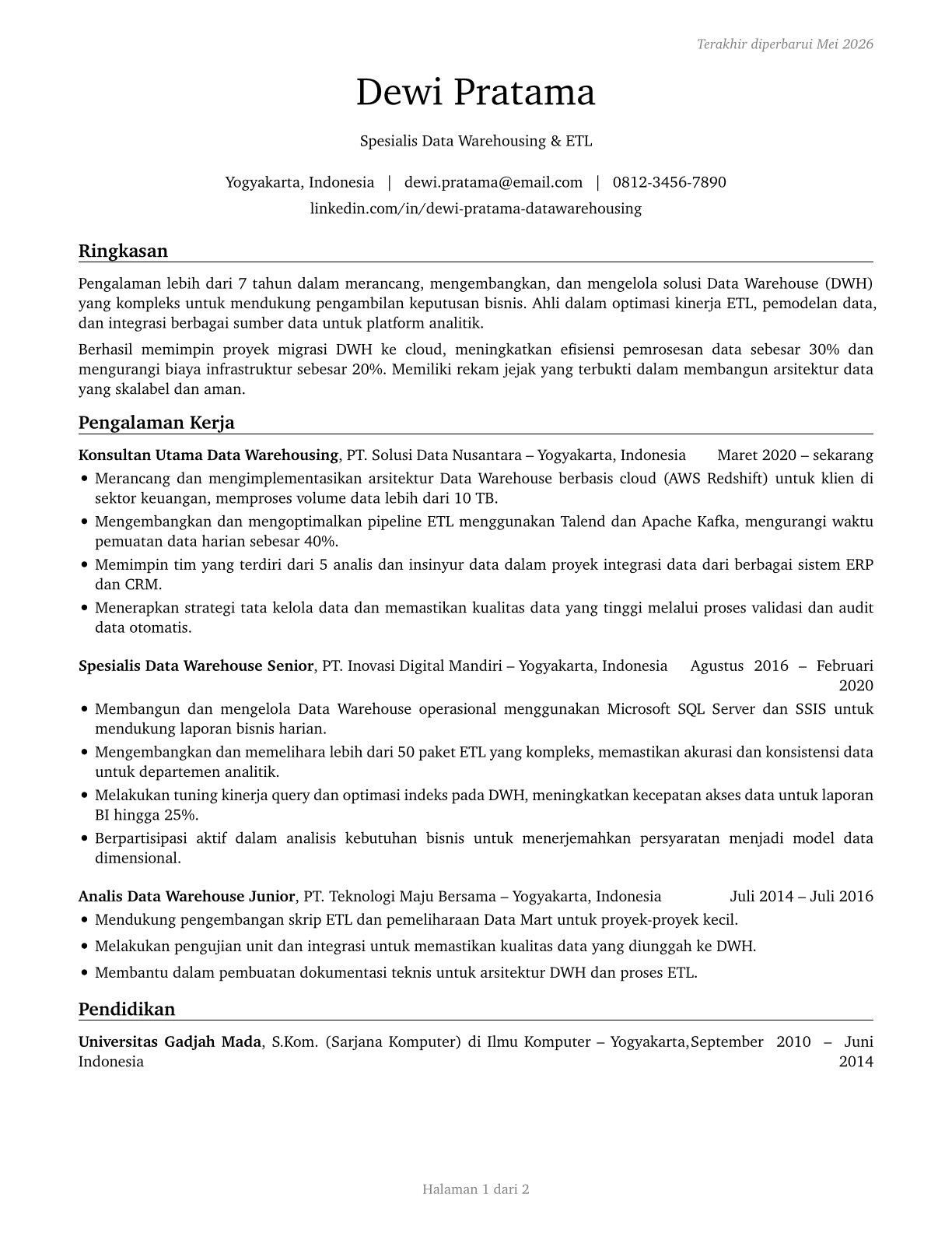Data Warehousing Specialists CV in Indonesian — page 1