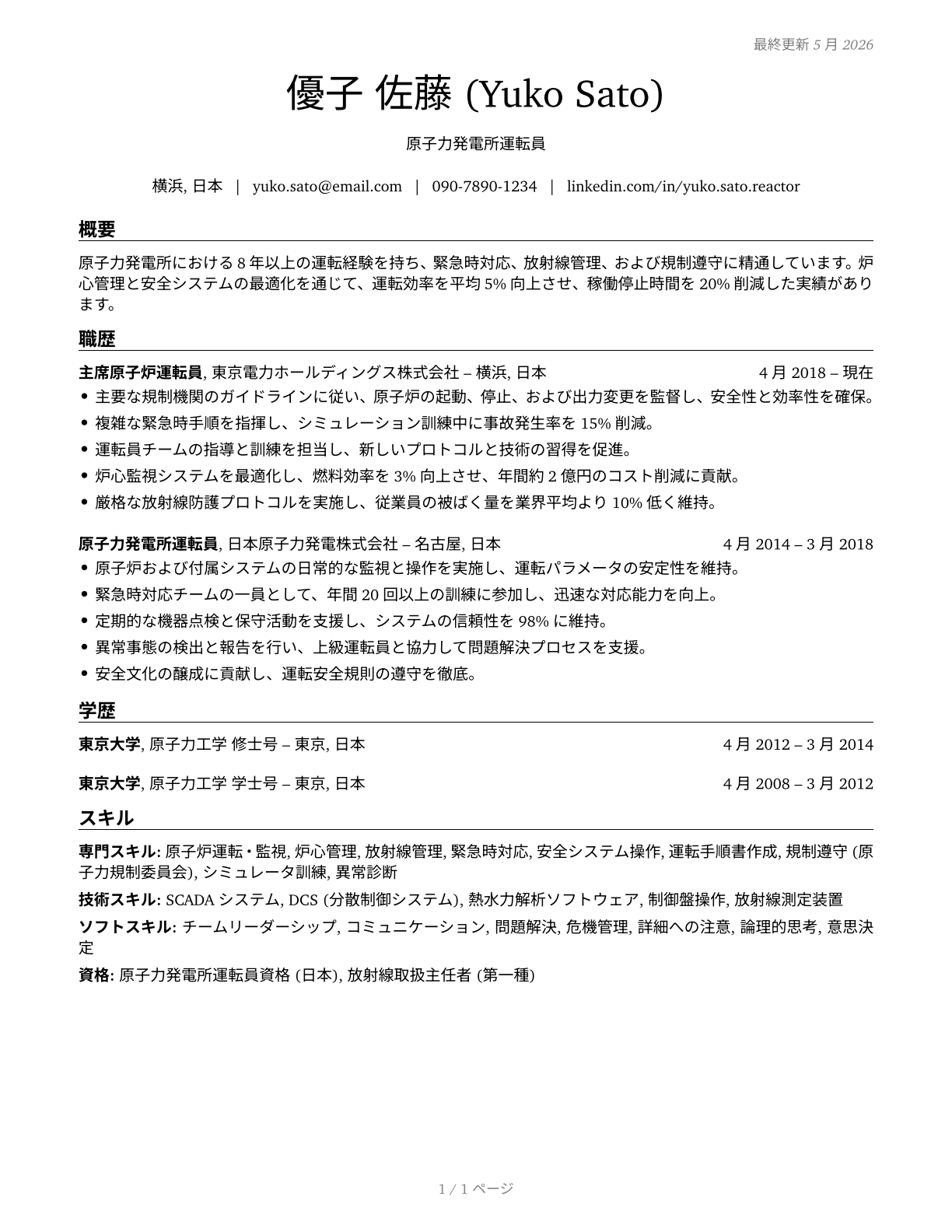 Nuclear Power Reactor Operators CV in Japanese — page 1