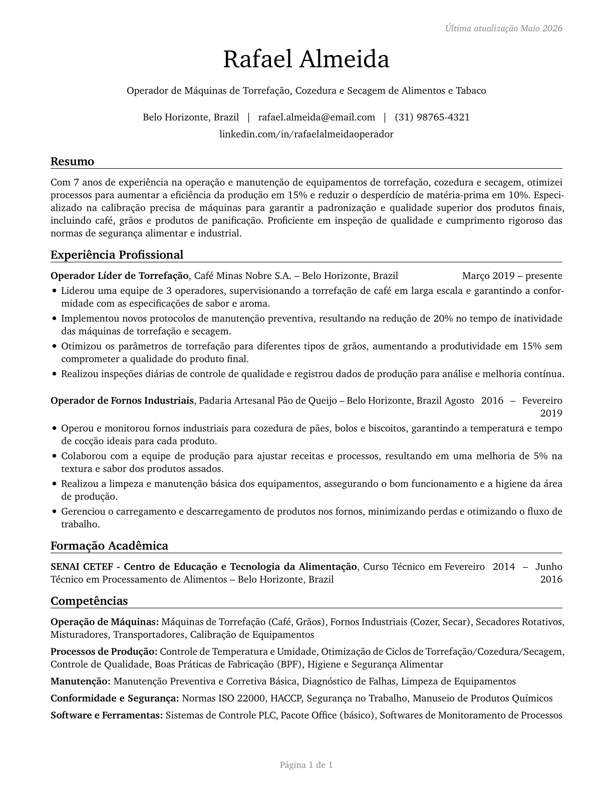 Food and Tobacco Roasting, Baking, and Drying Machine Operators and Tenders CV in Portuguese — page 1