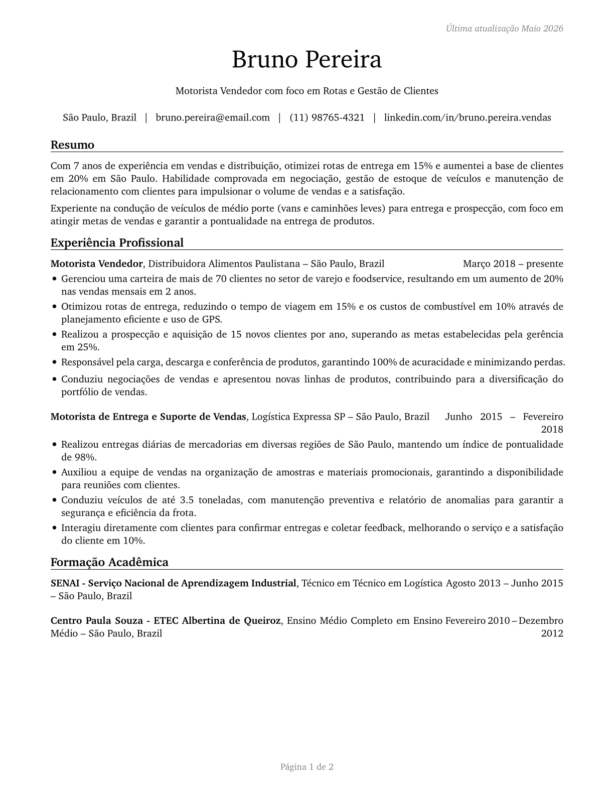 Driver/Sales Workers CV in Portuguese — page 1