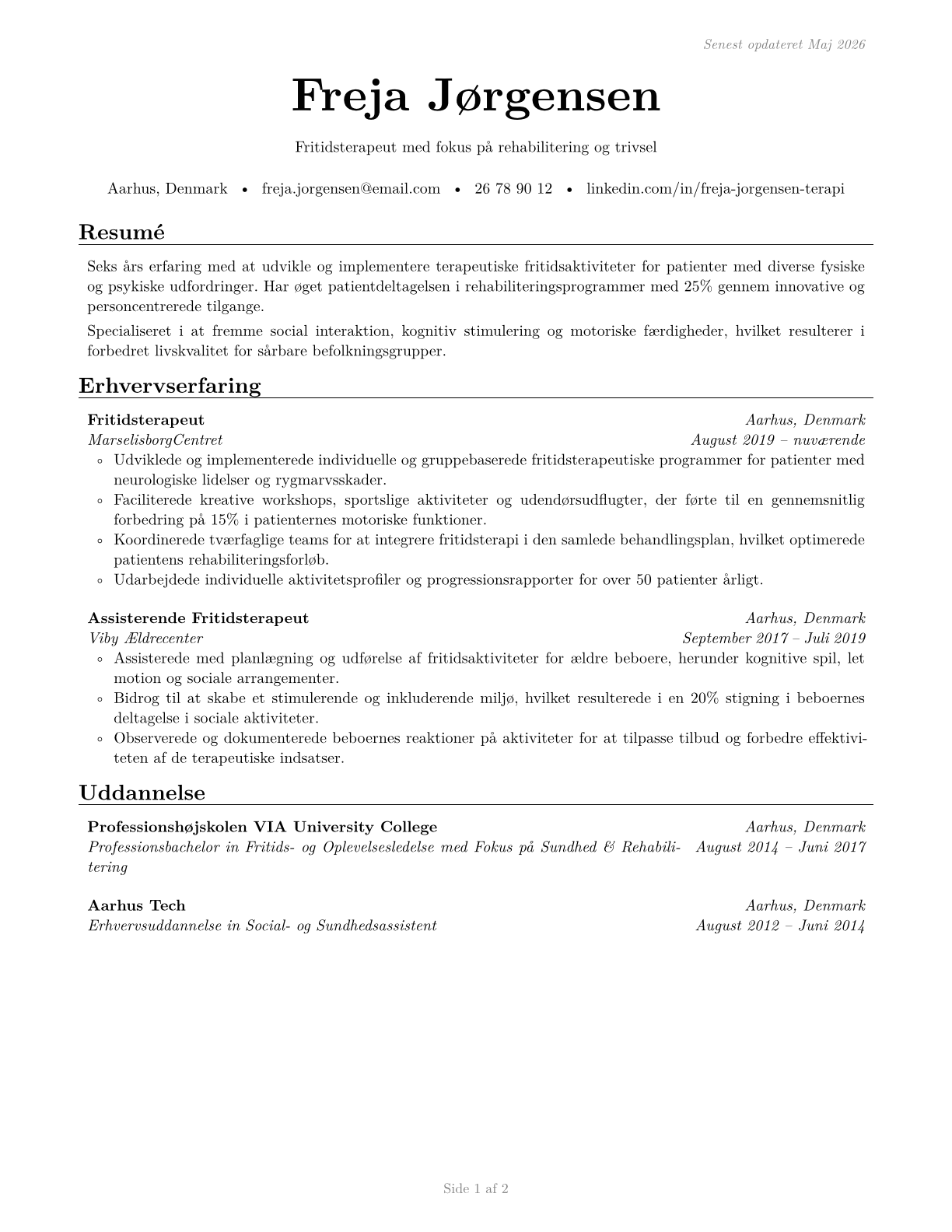 Recreational Therapists CV in Danish — page 1