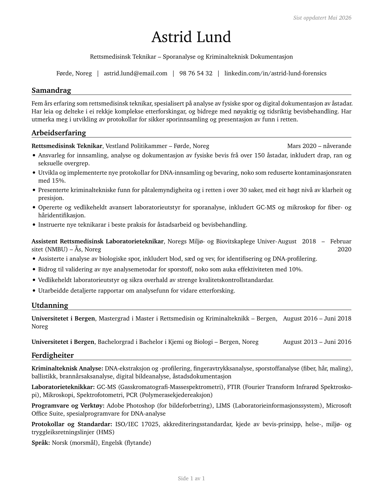 Forensic Science Technicians CV in Norwegian_nynorsk — page 1