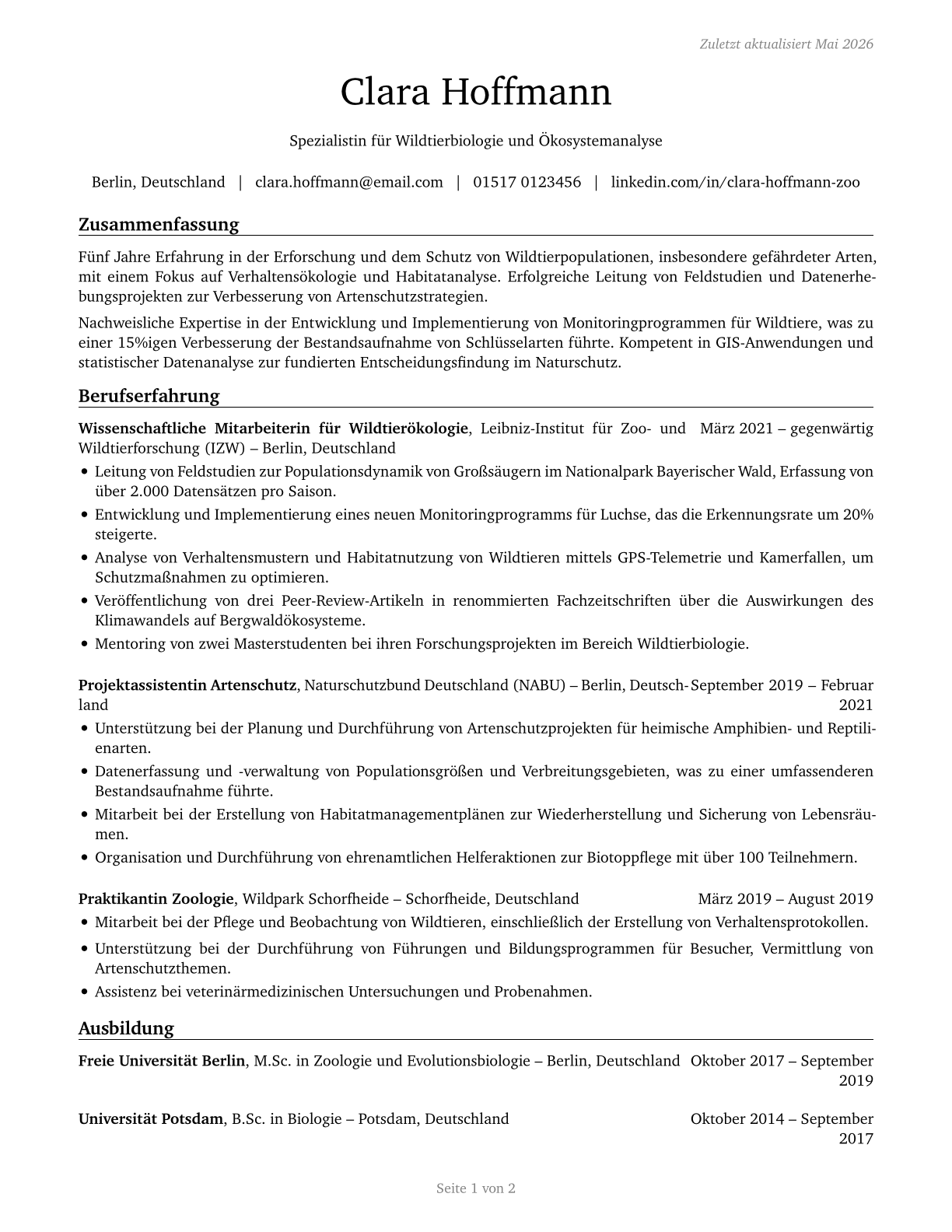 Zoologists and Wildlife Biologists CV in German — page 1