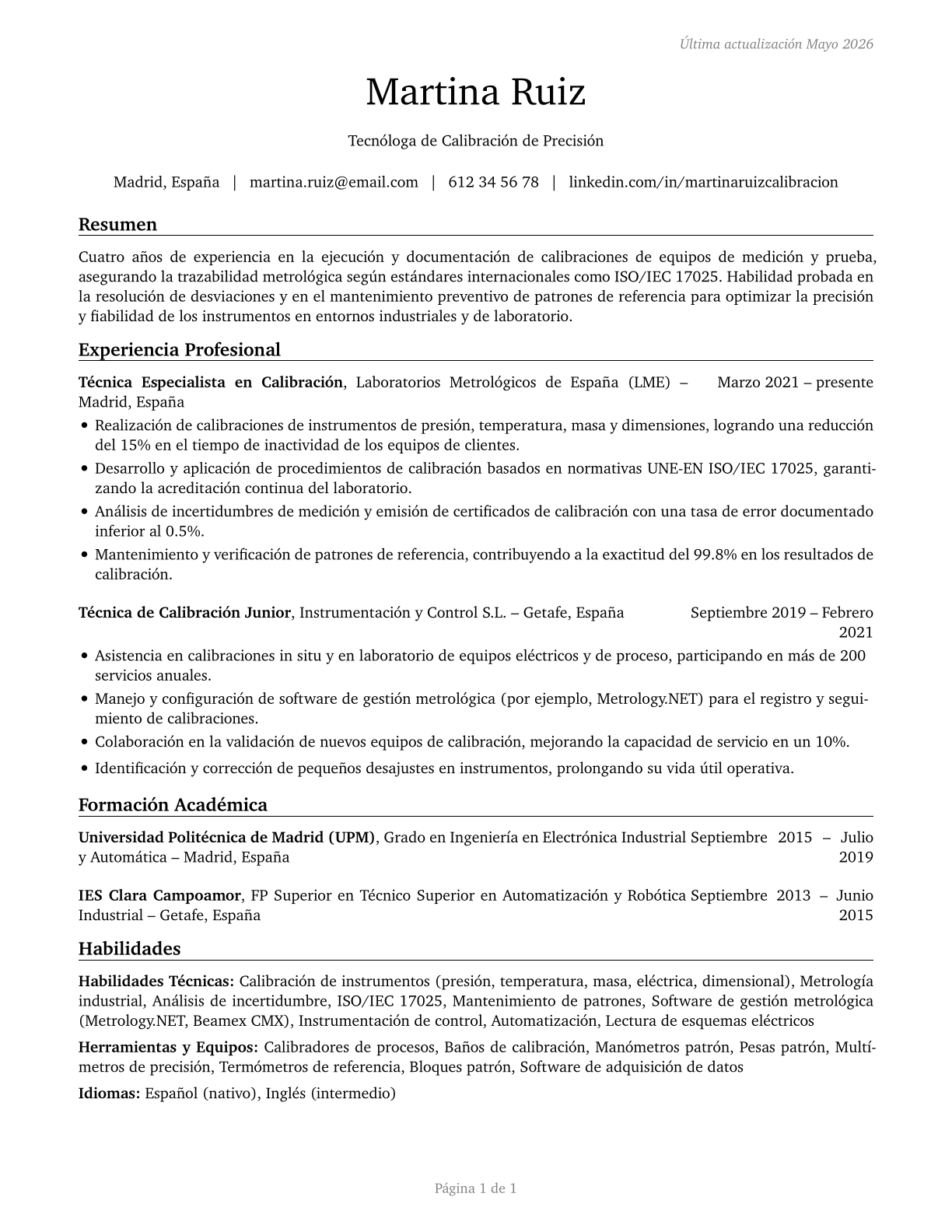 Calibration Technologists and Technicians CV in Spanish — page 1