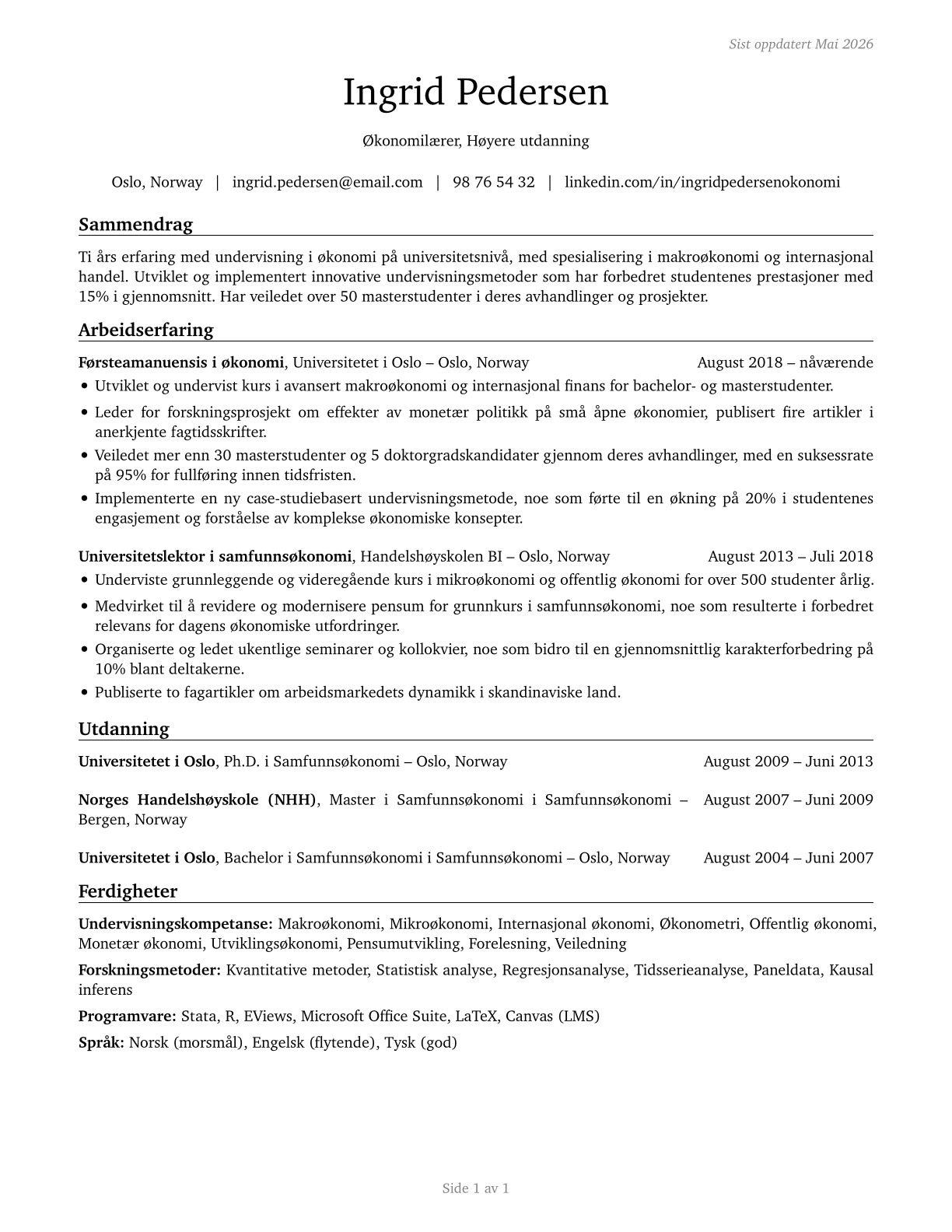 Economics Teachers, Postsecondary CV in Norwegian_bokmal — page 1