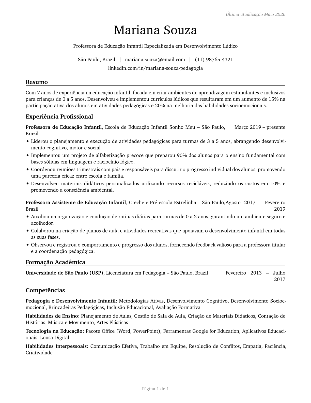 Preschool Teachers, Except Special Education CV in Portuguese — page 1