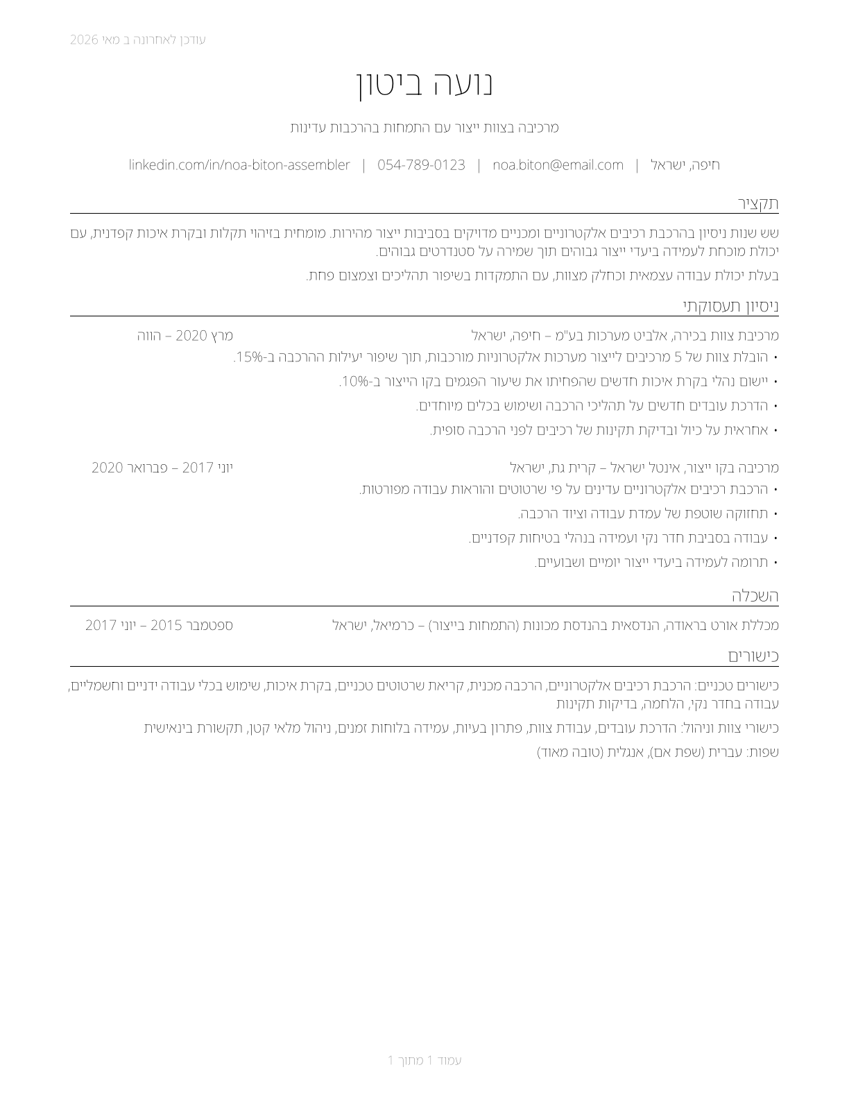 Team Assemblers CV in Hebrew — page 1