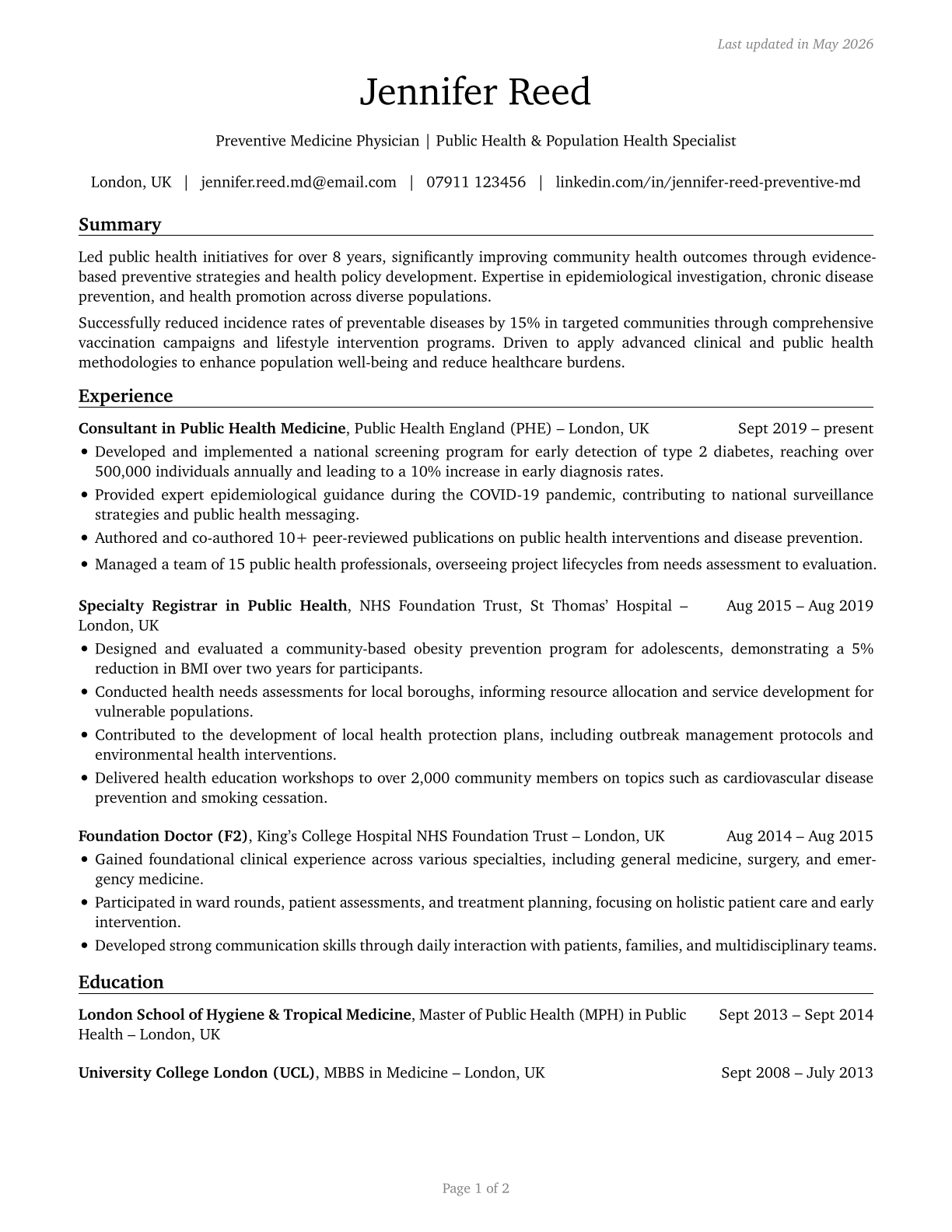 Preventive Medicine Physicians CV in English — page 1