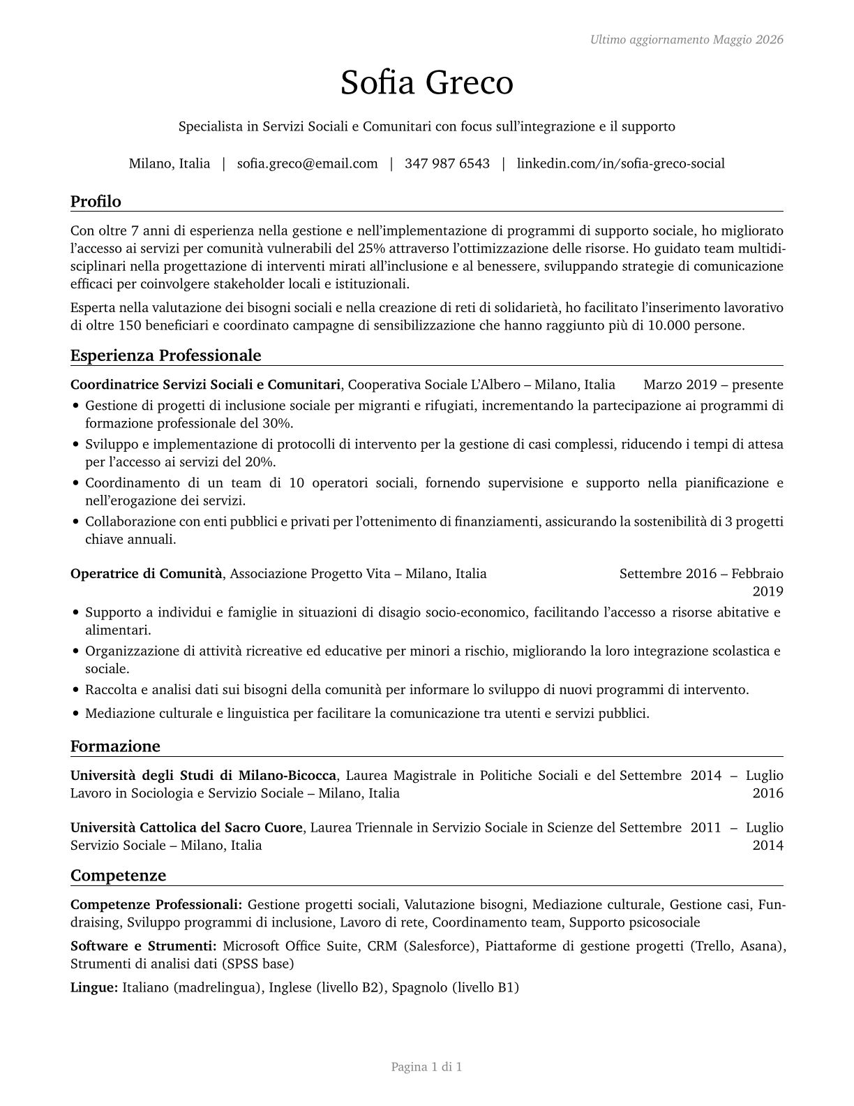Community and Social Service Specialists, All Other CV in Italian — page 1