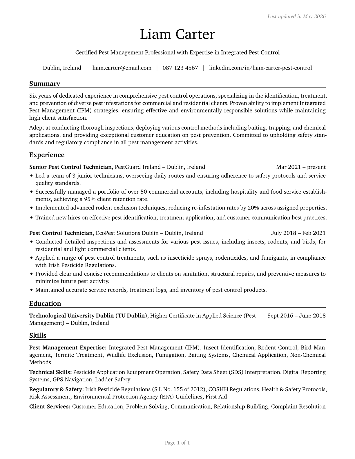 Pest Control Workers CV in English — page 1