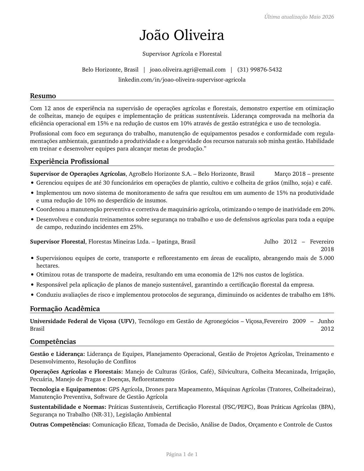 First-Line Supervisors of Farming, Fishing, and Forestry Workers CV in Portuguese — page 1