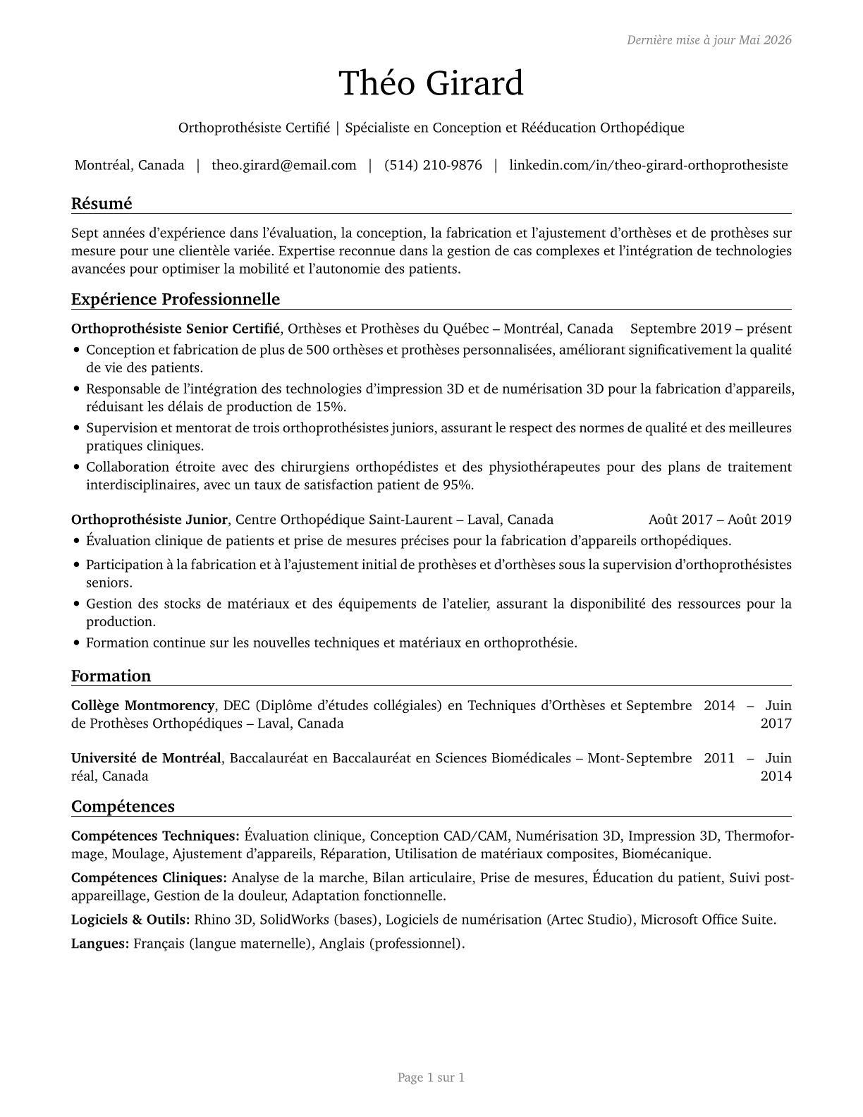 Orthotists and Prosthetists CV in French — page 1