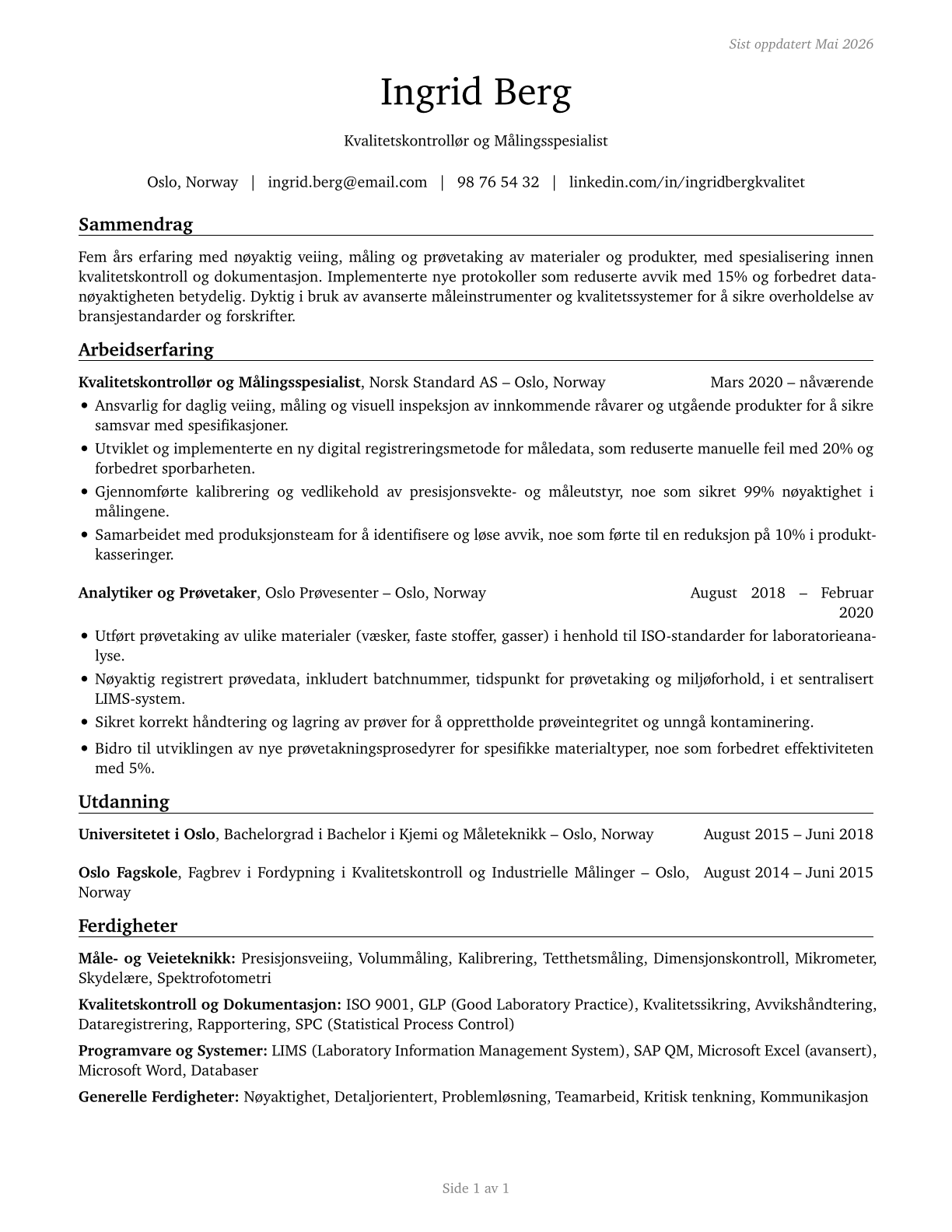 Weighers, Measurers, Checkers, and Samplers, Recordkeeping CV in Norwegian_bokmal — page 1