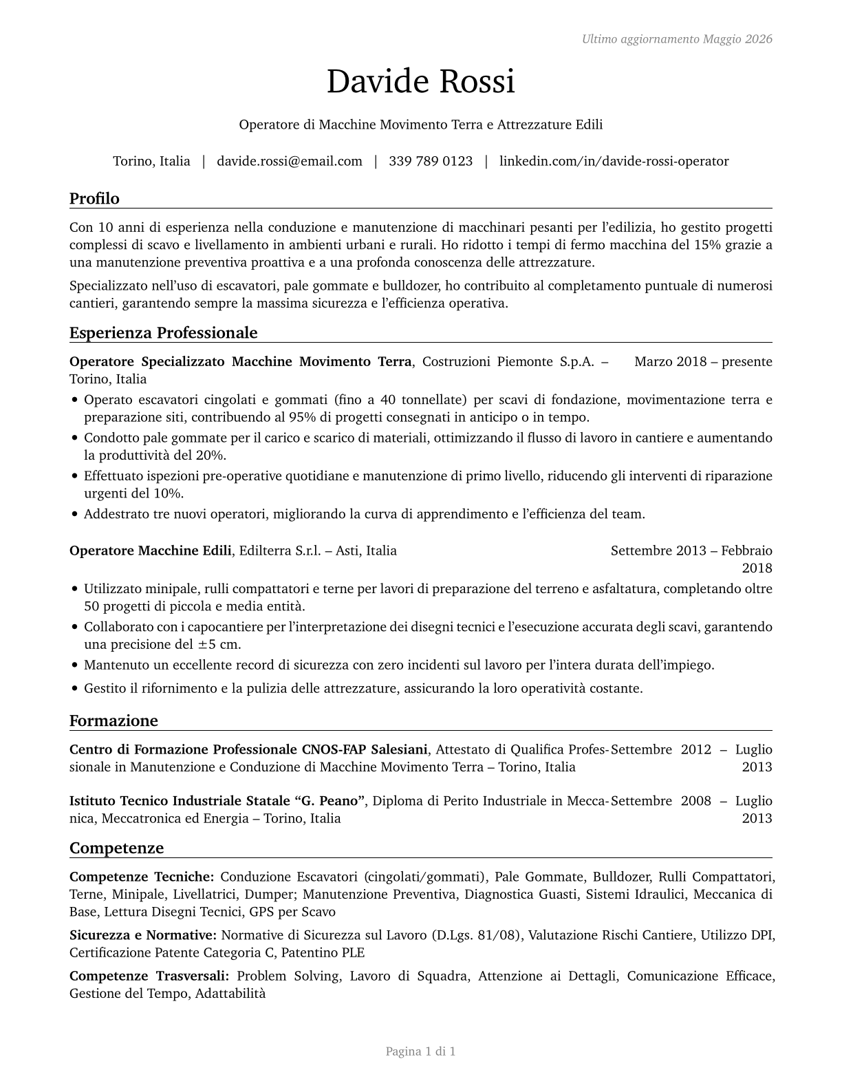 Operating Engineers and Other Construction Equipment Operators CV in Italian — page 1
