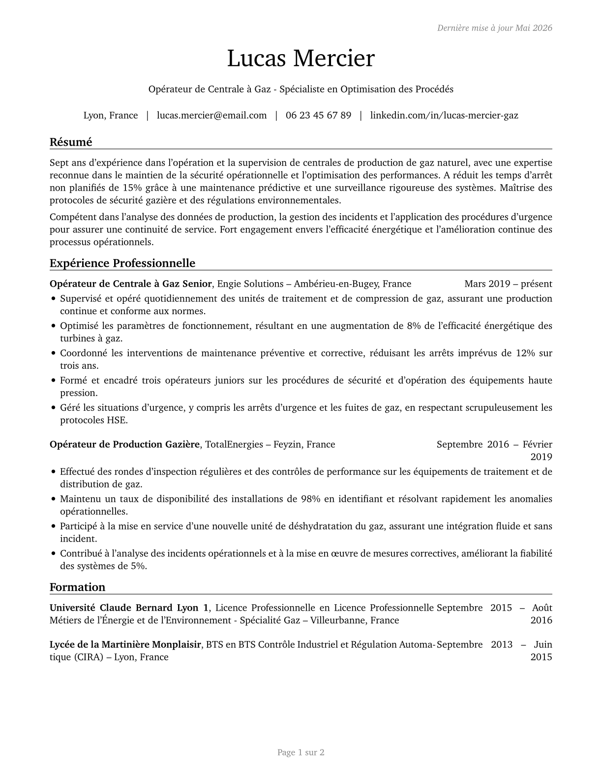 Gas Plant Operators CV in French — page 1
