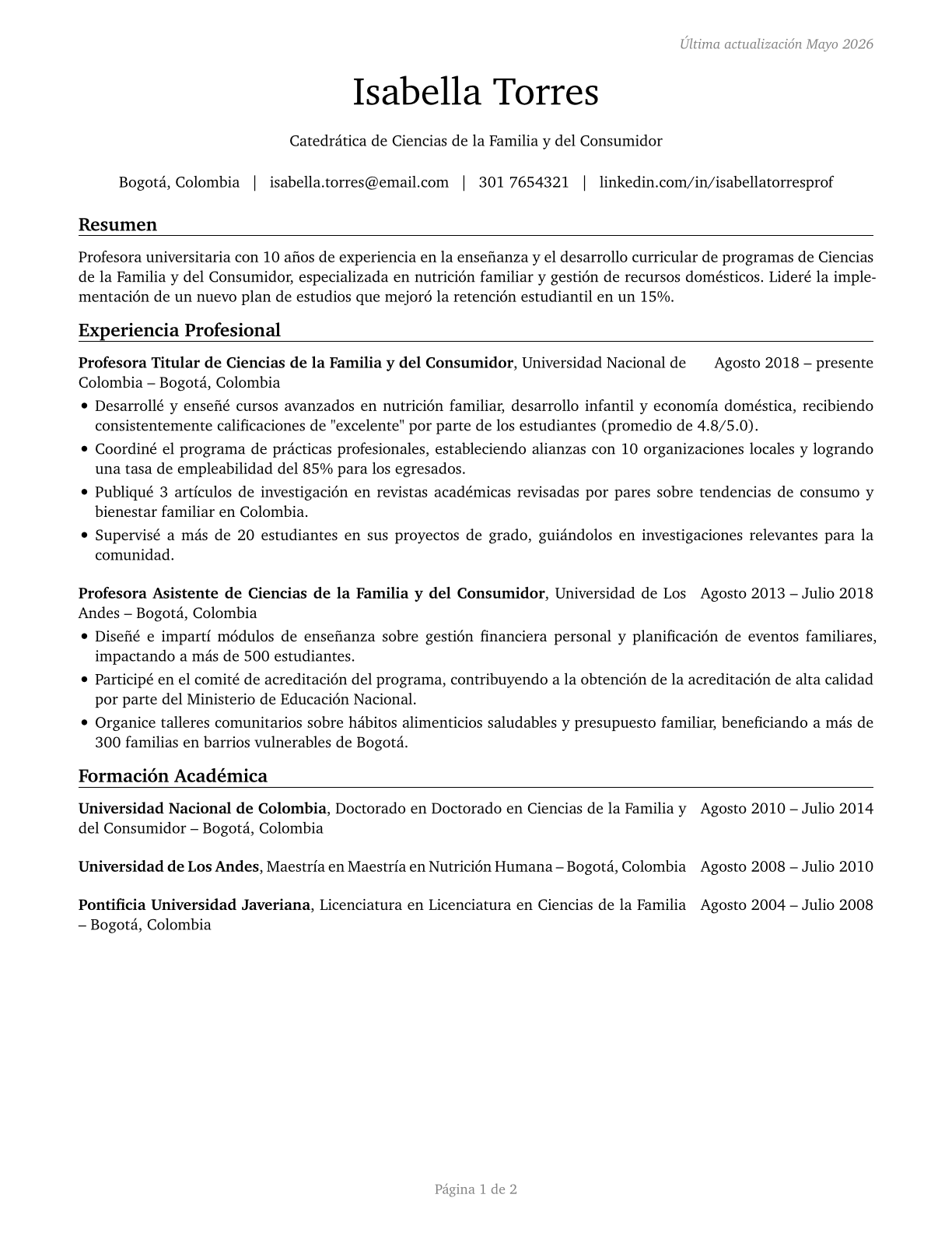Family and Consumer Sciences Teachers, Postsecondary CV in Spanish — page 1