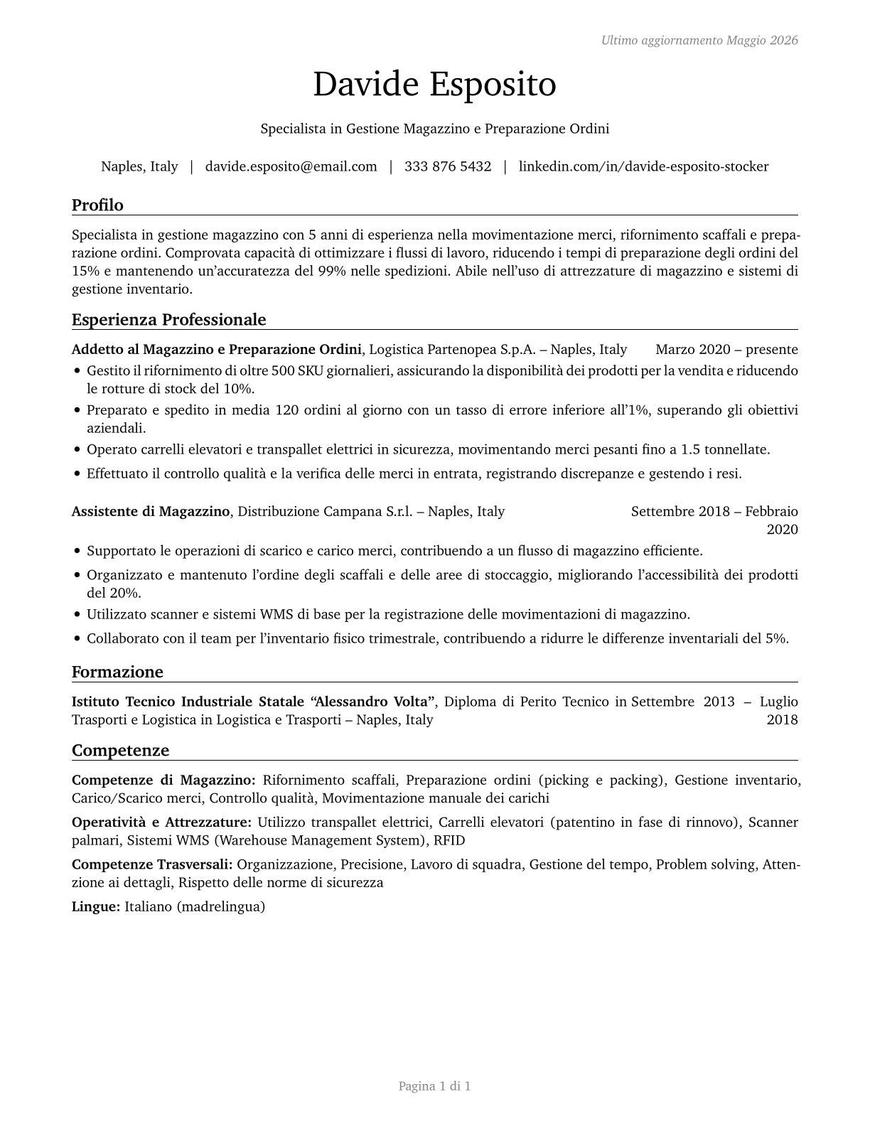 Stockers and Order Fillers CV in Italian — page 1
