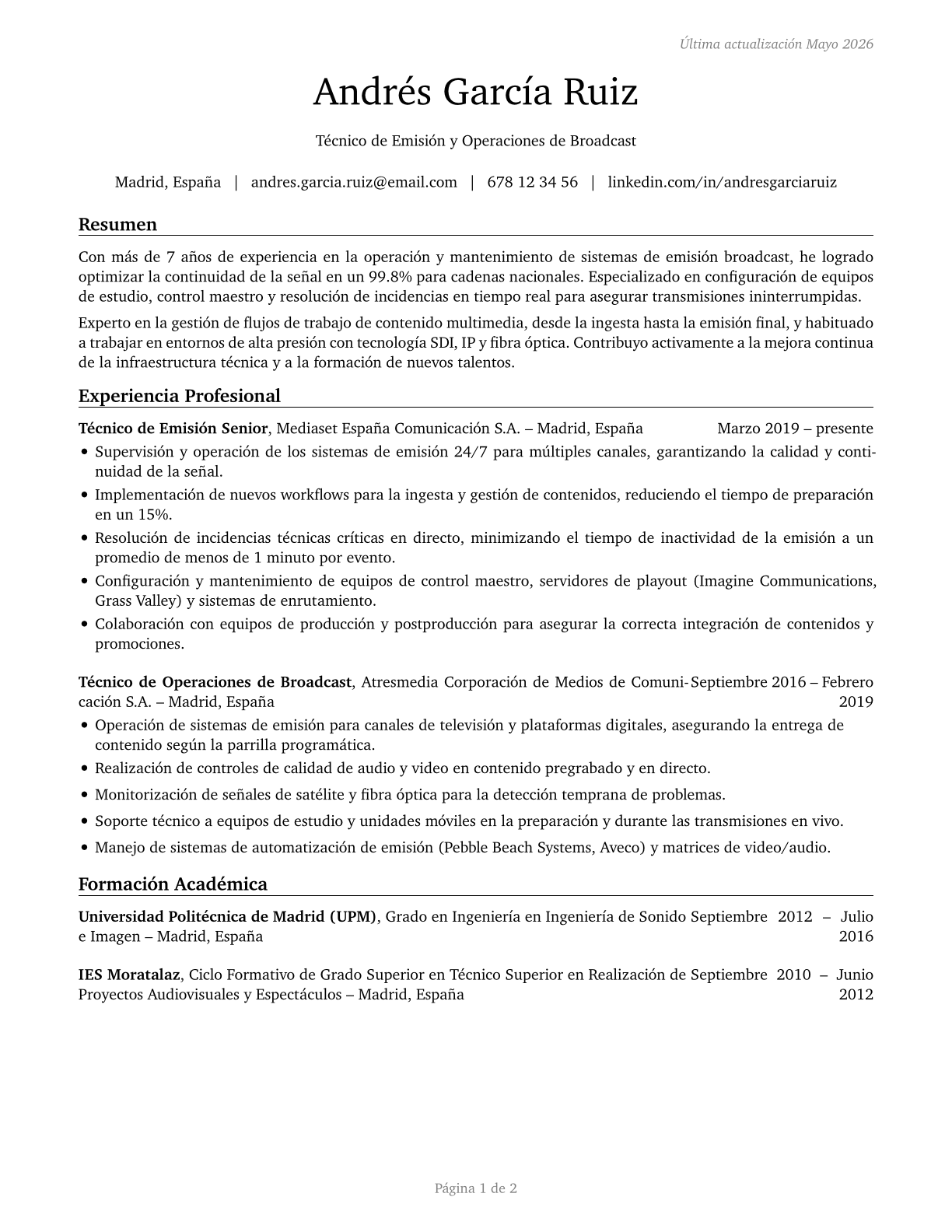 Broadcast Technicians CV in Spanish — page 1