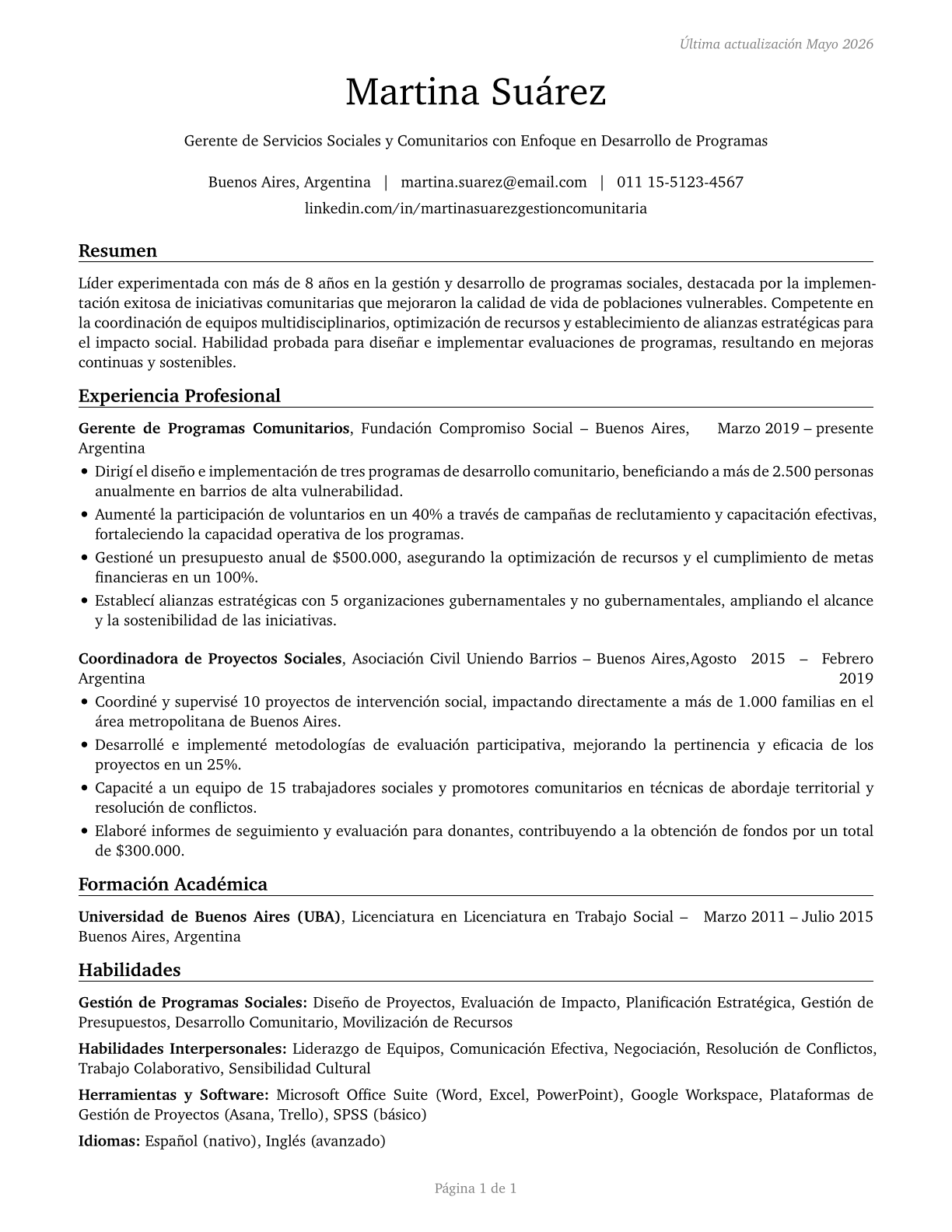Social and Community Service Managers CV in Spanish — page 1