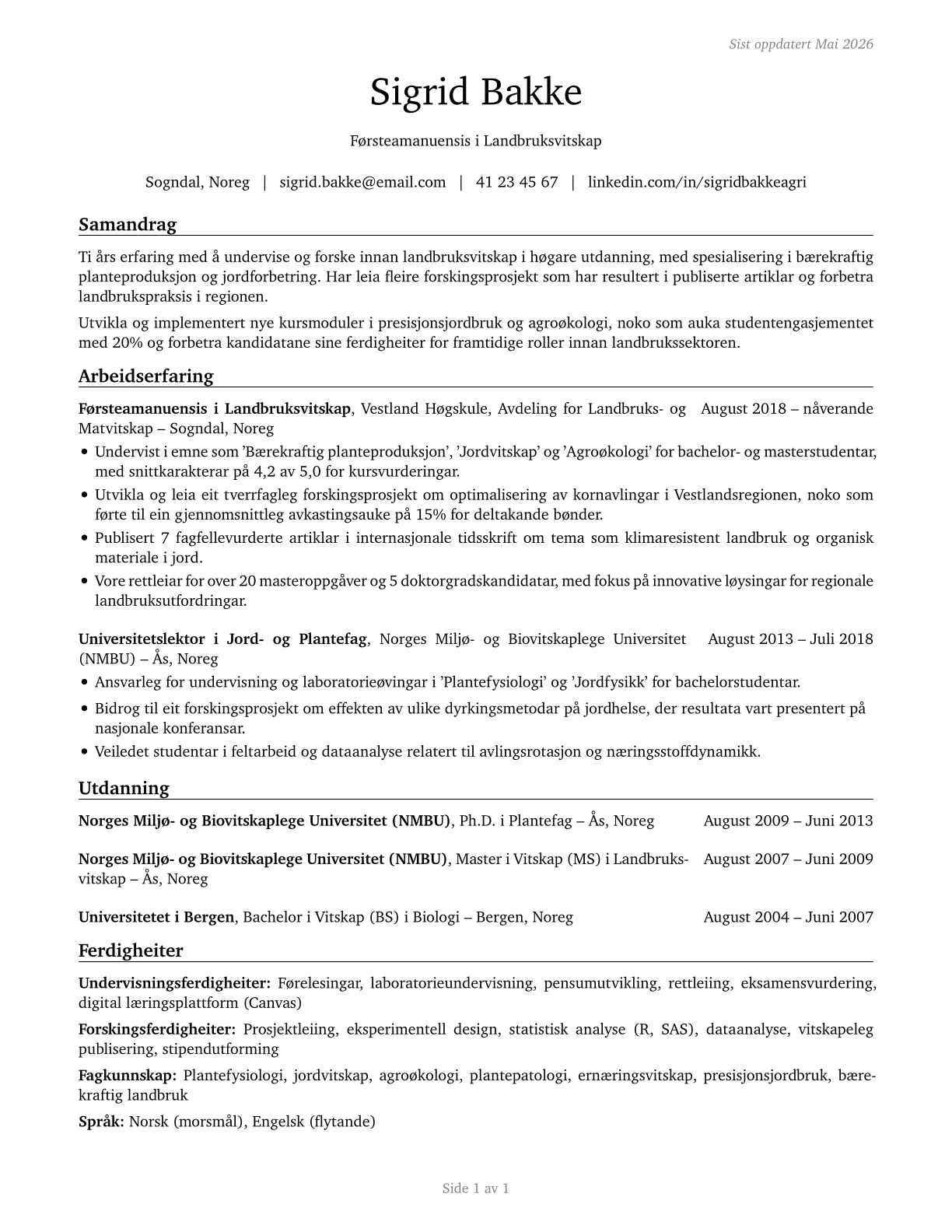 Agricultural Sciences Teachers, Postsecondary CV in Norwegian_nynorsk — page 1
