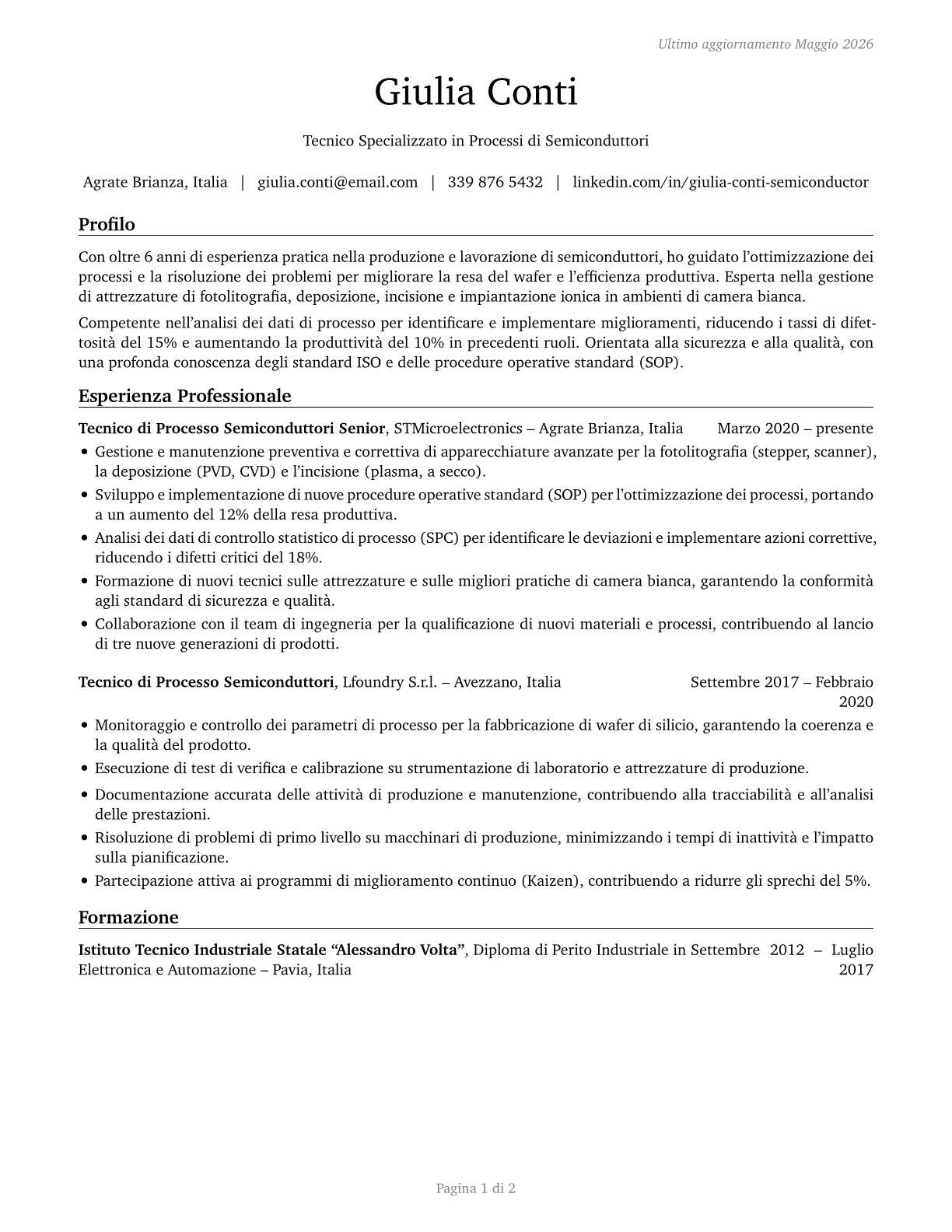 Semiconductor Processing Technicians CV in Italian — page 1