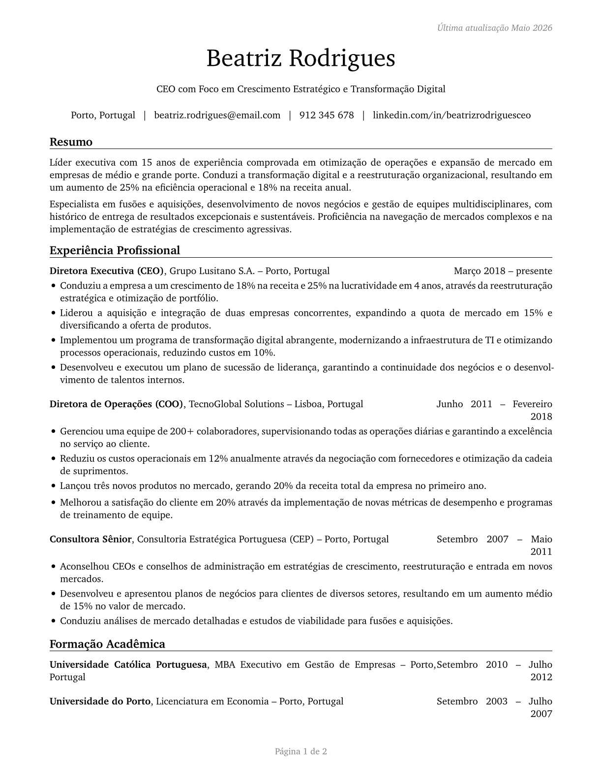 Chief Executives CV in Portuguese — page 1