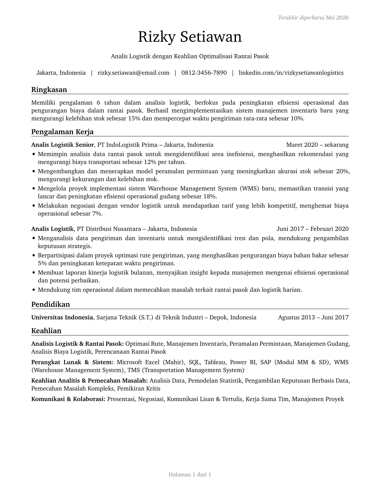 Logistics Analysts CV in Indonesian — page 1