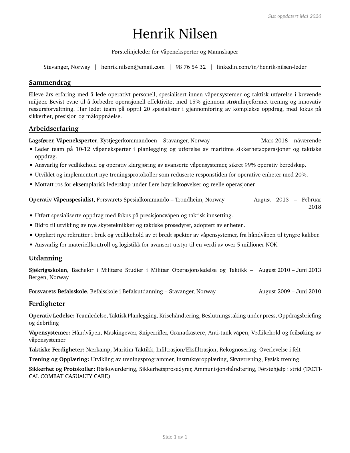 First-Line Supervisors of Weapons Specialists/Crew Members CV in Norwegian_bokmal — page 1