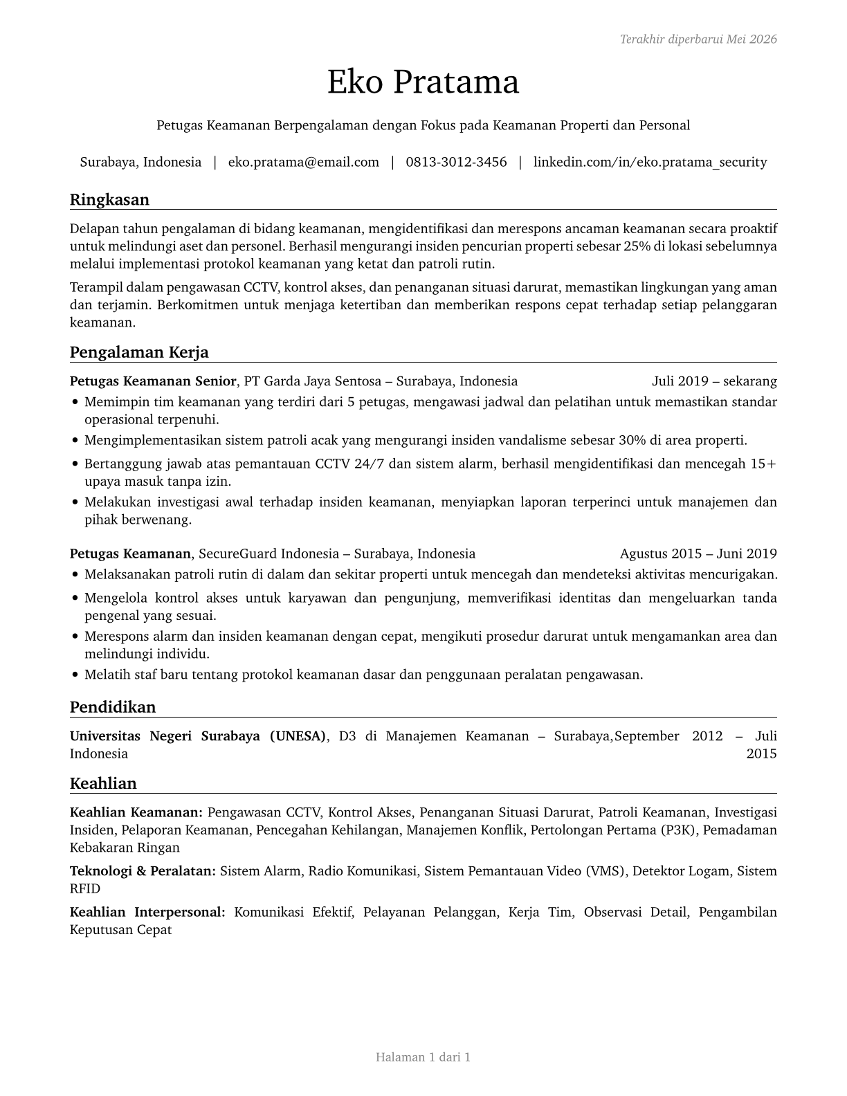 Security Guards CV in Indonesian — page 1