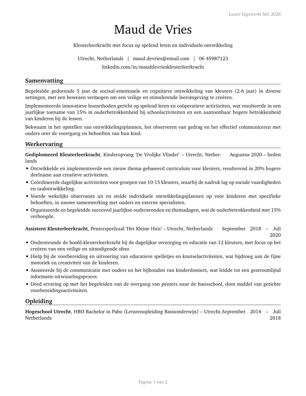 Preschool Teachers, Except Special Education CV in Dutch — page 1