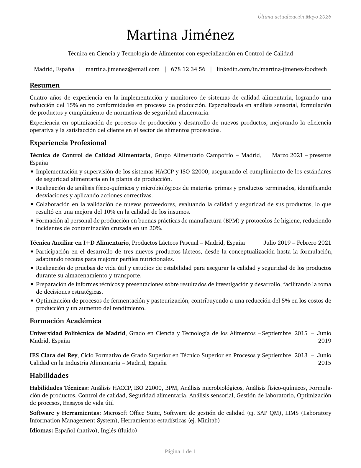 Food Science Technicians CV in Spanish — page 1